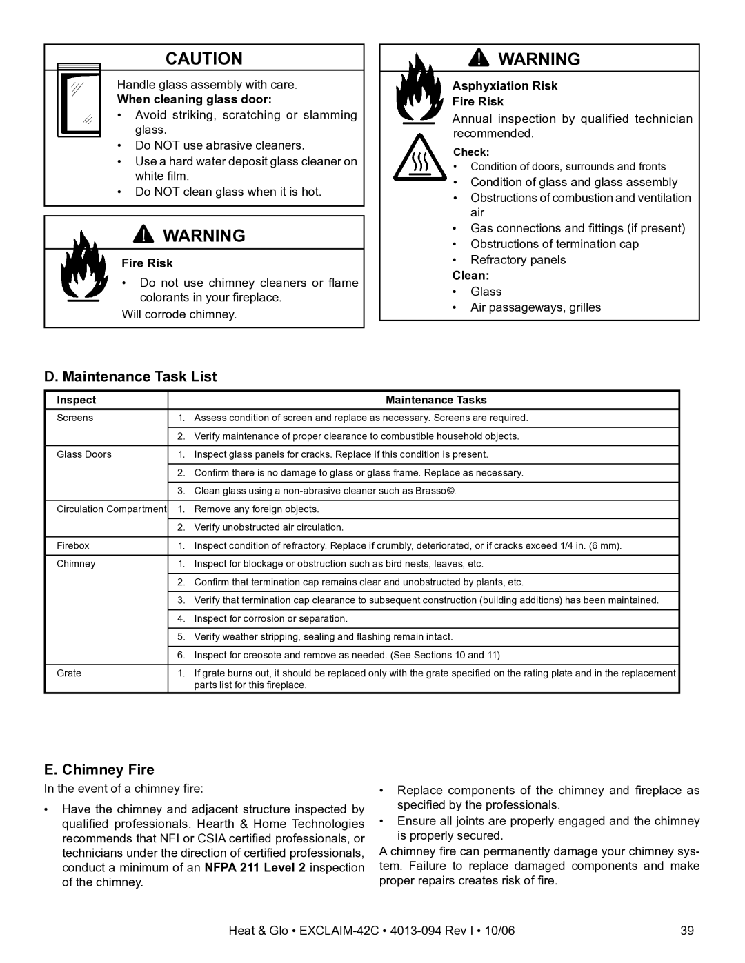 Heat & Glo LifeStyle EXCLAIM-42T-C, EXCLAIM-42H-C Maintenance Task List, Chimney Fire, When cleaning glass door, Clean 