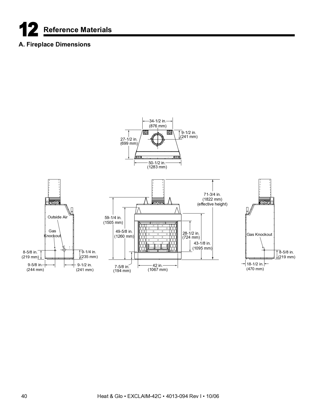 Heat & Glo LifeStyle EXCLAIM-42H-C, EXCLAIM-42T-C owner manual Reference Materials, Fireplace Dimensions 