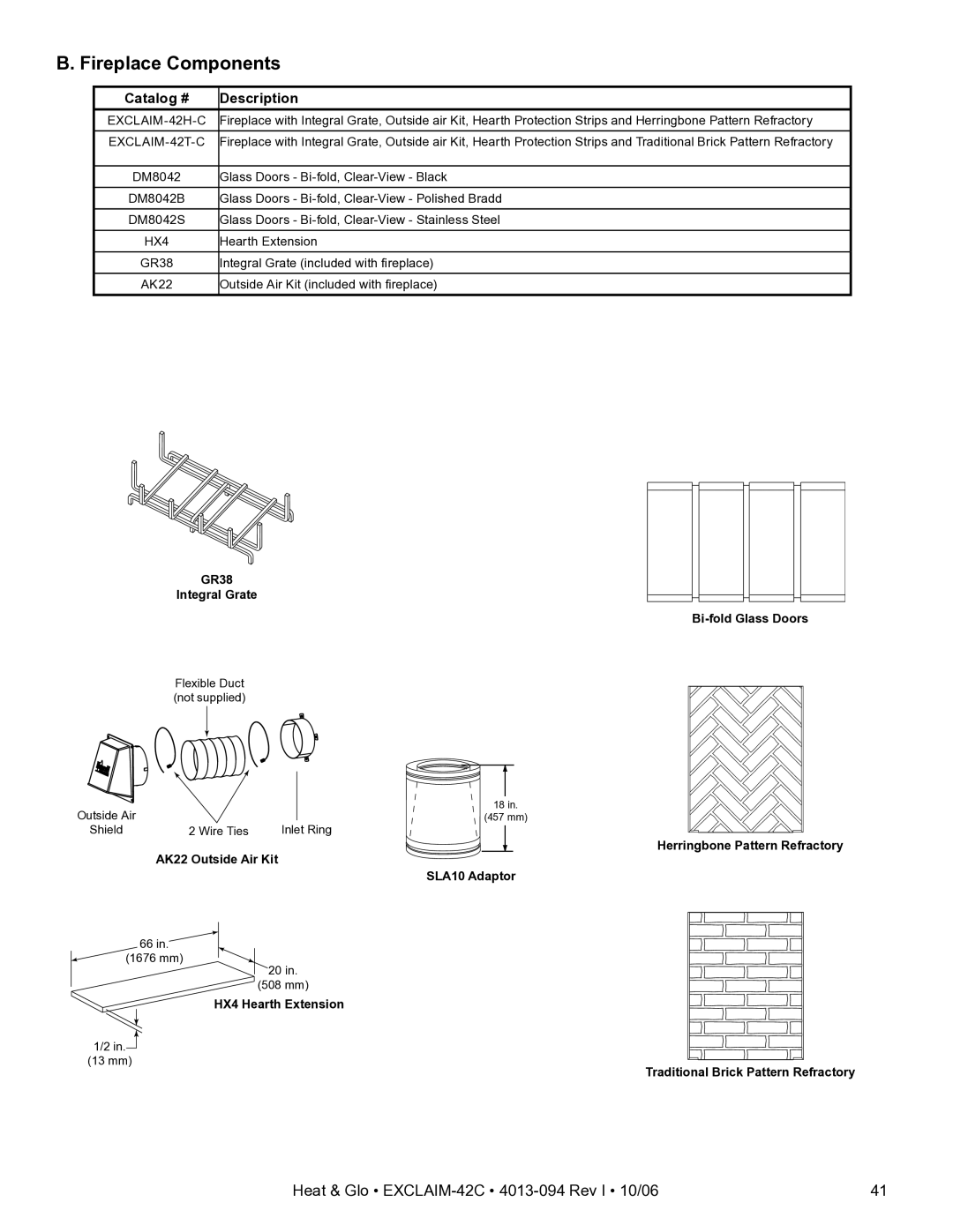 Heat & Glo LifeStyle EXCLAIM-42T-C, EXCLAIM-42H-C owner manual Fireplace Components, Catalog # Description 