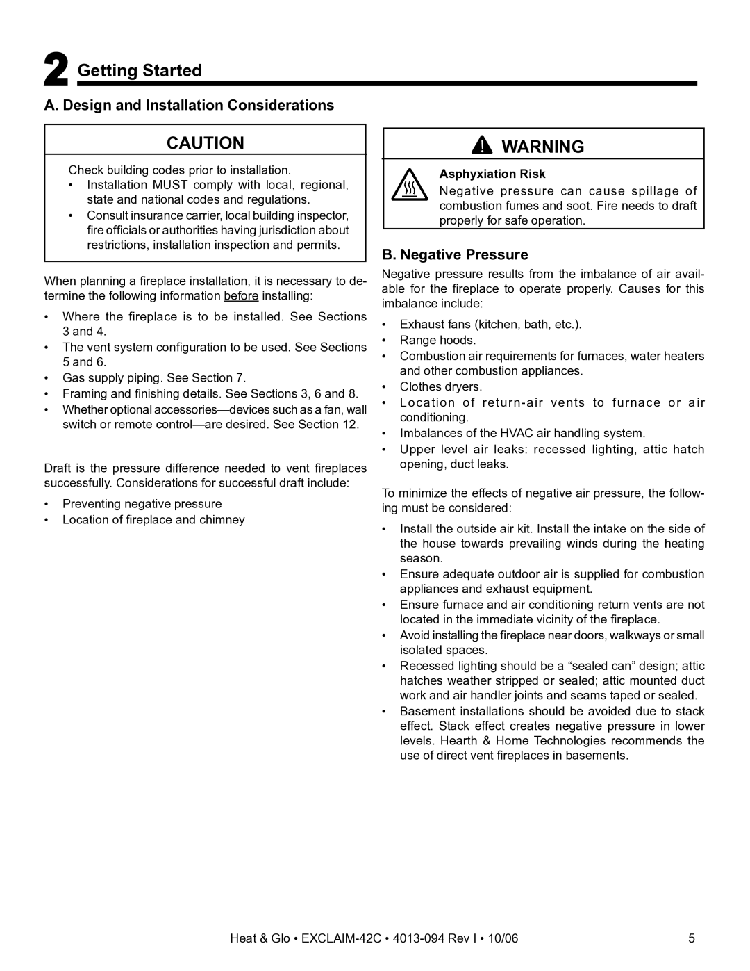 Heat & Glo LifeStyle EXCLAIM-42T-C owner manual Getting Started, Design and Installation Considerations, Negative Pressure 