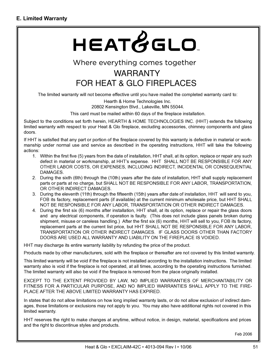 Heat & Glo LifeStyle EXCLAIM-42T-C, EXCLAIM-42H-C owner manual Warranty For Heat & GLO Fireplaces, Limited Warranty 