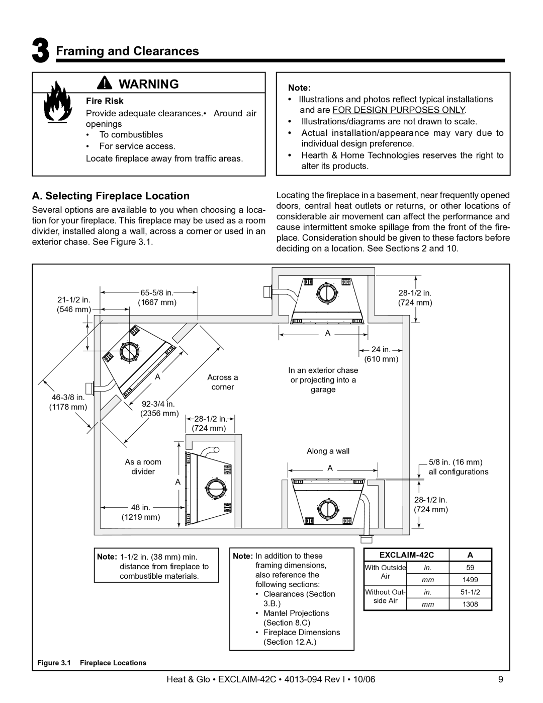 Heat & Glo LifeStyle EXCLAIM-42T-C, EXCLAIM-42H-C owner manual Framing and Clearances, Selecting Fireplace Location 