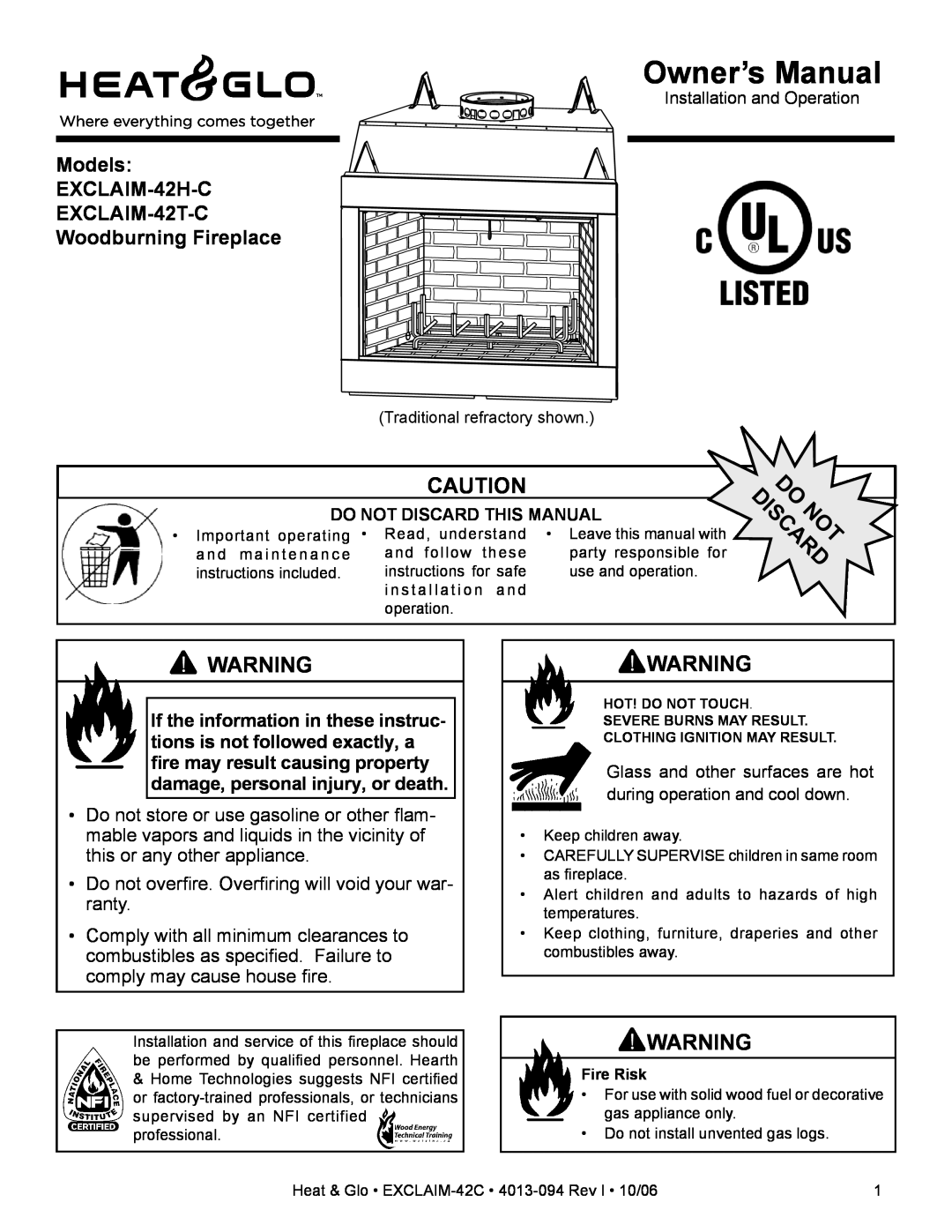 Heat & Glo LifeStyle owner manual Models EXCLAIM-42H-C EXCLAIM-42T-C, Woodburning Fireplace 