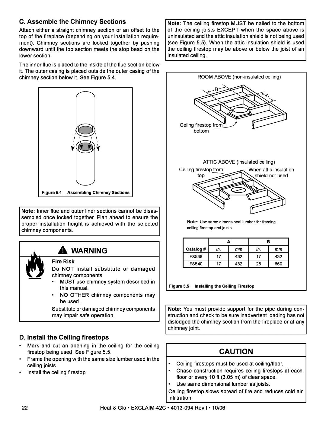 Heat & Glo LifeStyle EXCLAIM-42H-C C. Assemble the Chimney Sections, D. Install the Ceiling ﬁrestops, Fire Risk 