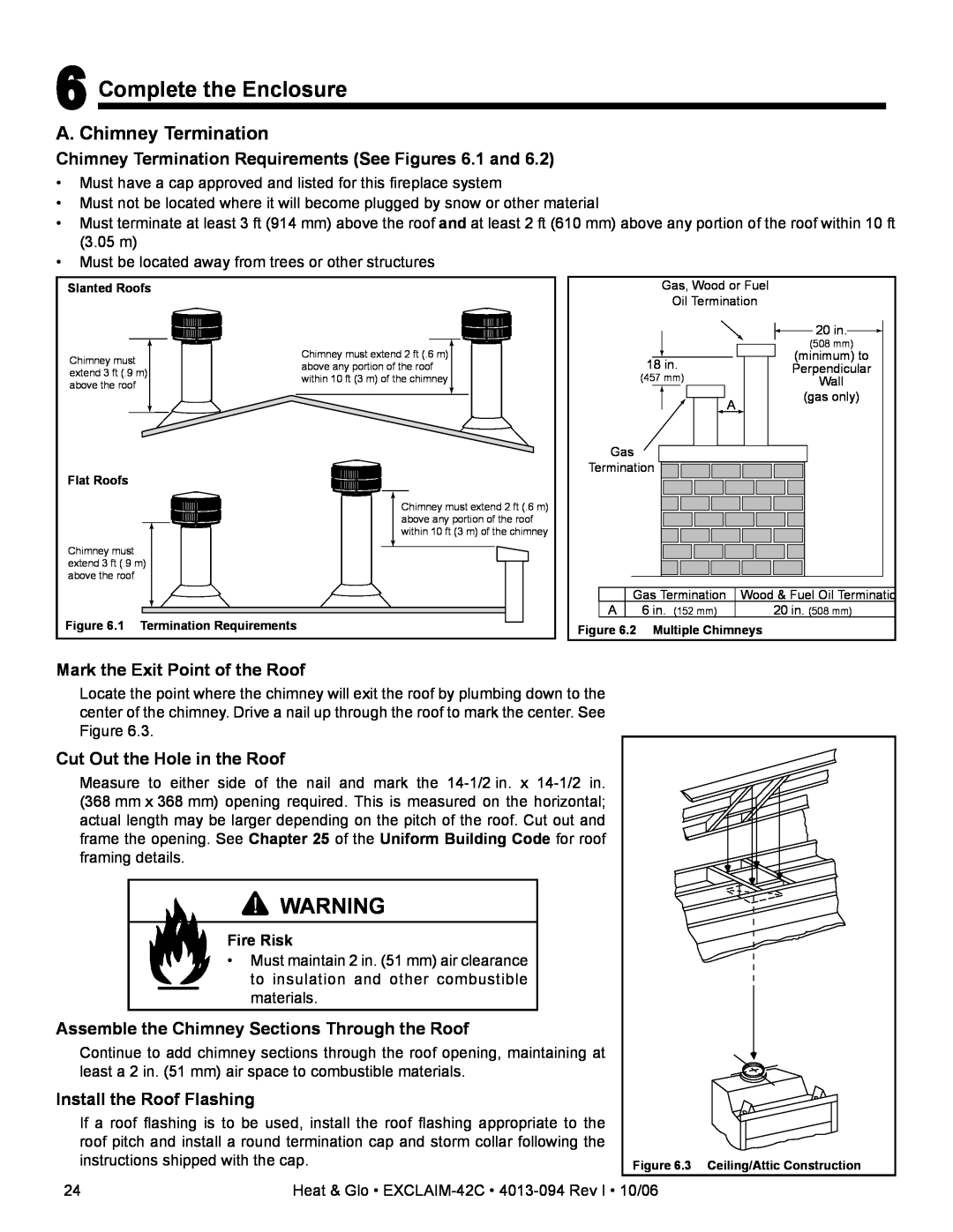 Heat & Glo LifeStyle EXCLAIM-42H-C, EXCLAIM-42T-C owner manual Complete the Enclosure, A. Chimney Termination, Fire Risk 