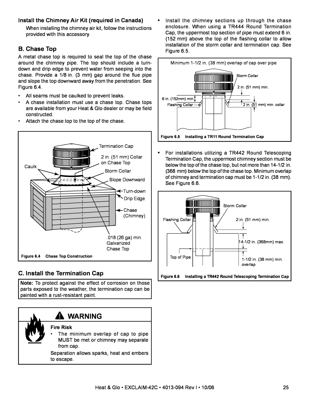 Heat & Glo LifeStyle EXCLAIM-42T-C, EXCLAIM-42H-C owner manual B. Chase Top, C. Install the Termination Cap, Fire Risk 