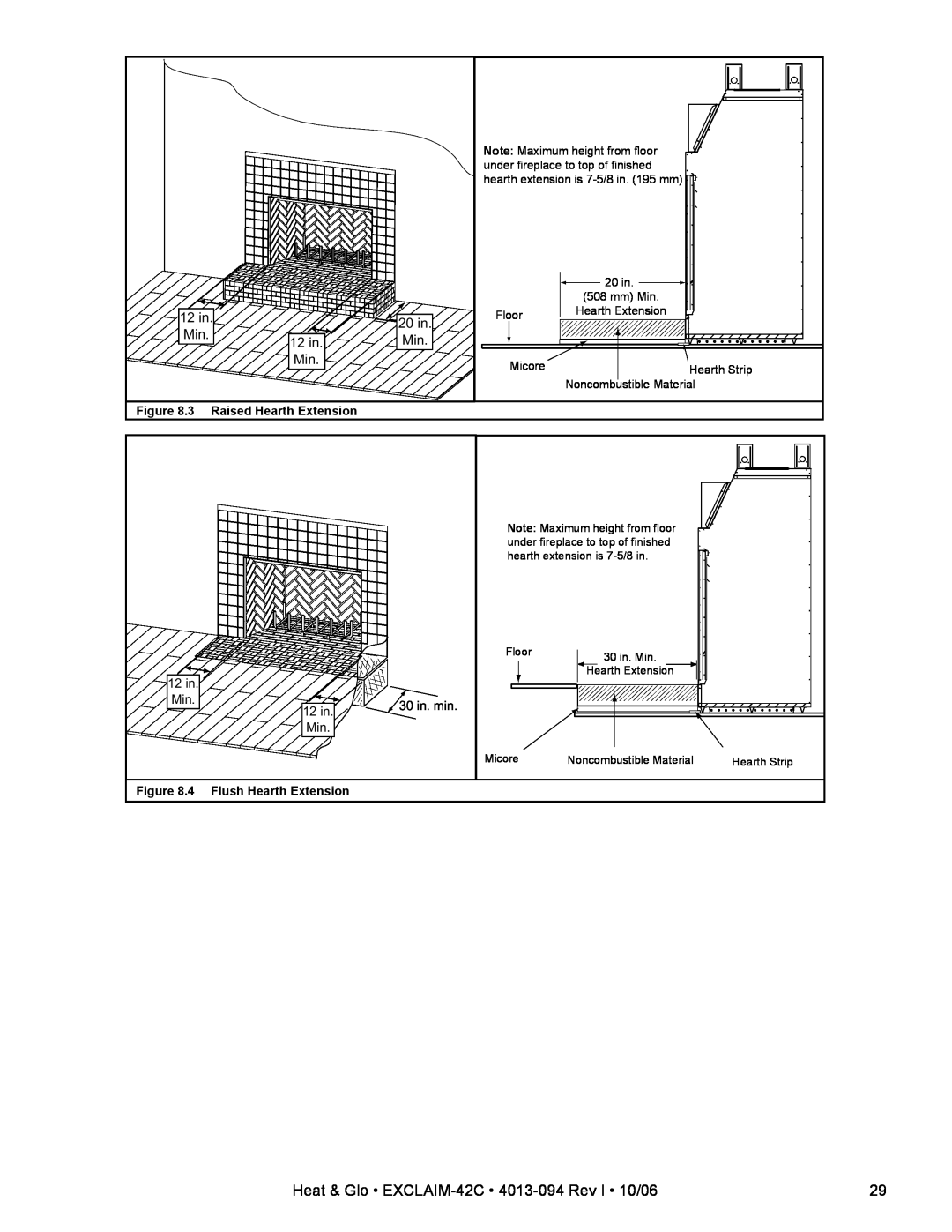 Heat & Glo LifeStyle EXCLAIM-42T-C owner manual 12in Min, 20 in. Min, 3 Raised Hearth Extension, 4 Flush Hearth Extension 