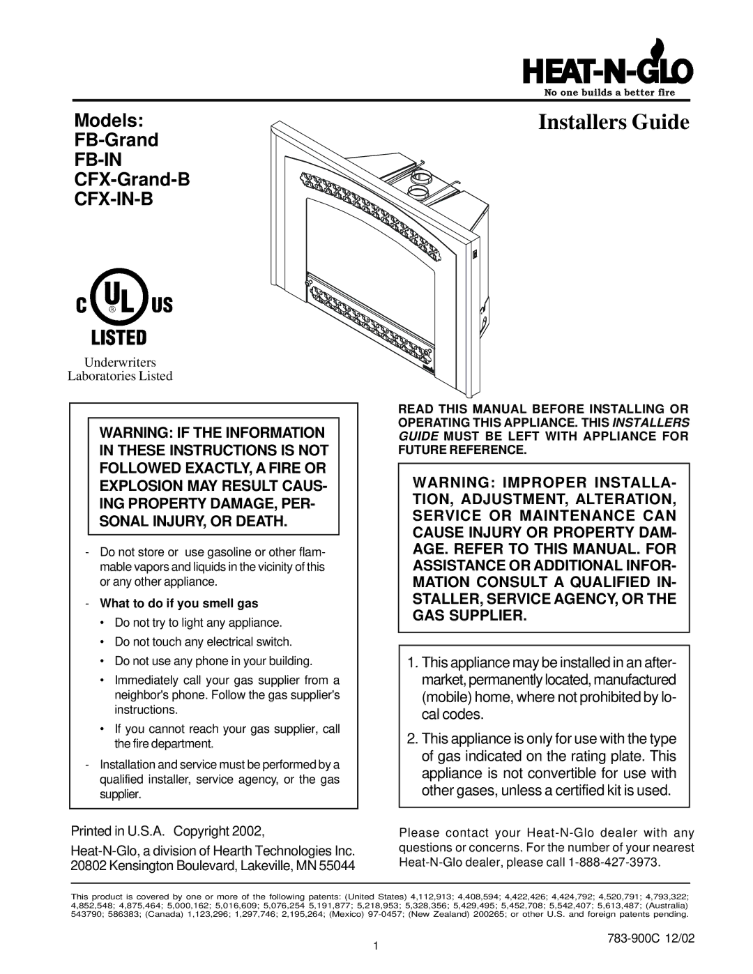 Heat & Glo LifeStyle FB-IN, CFX-IN-B manual Models FB-Grand, CFX-Grand-B, What to do if you smell gas 