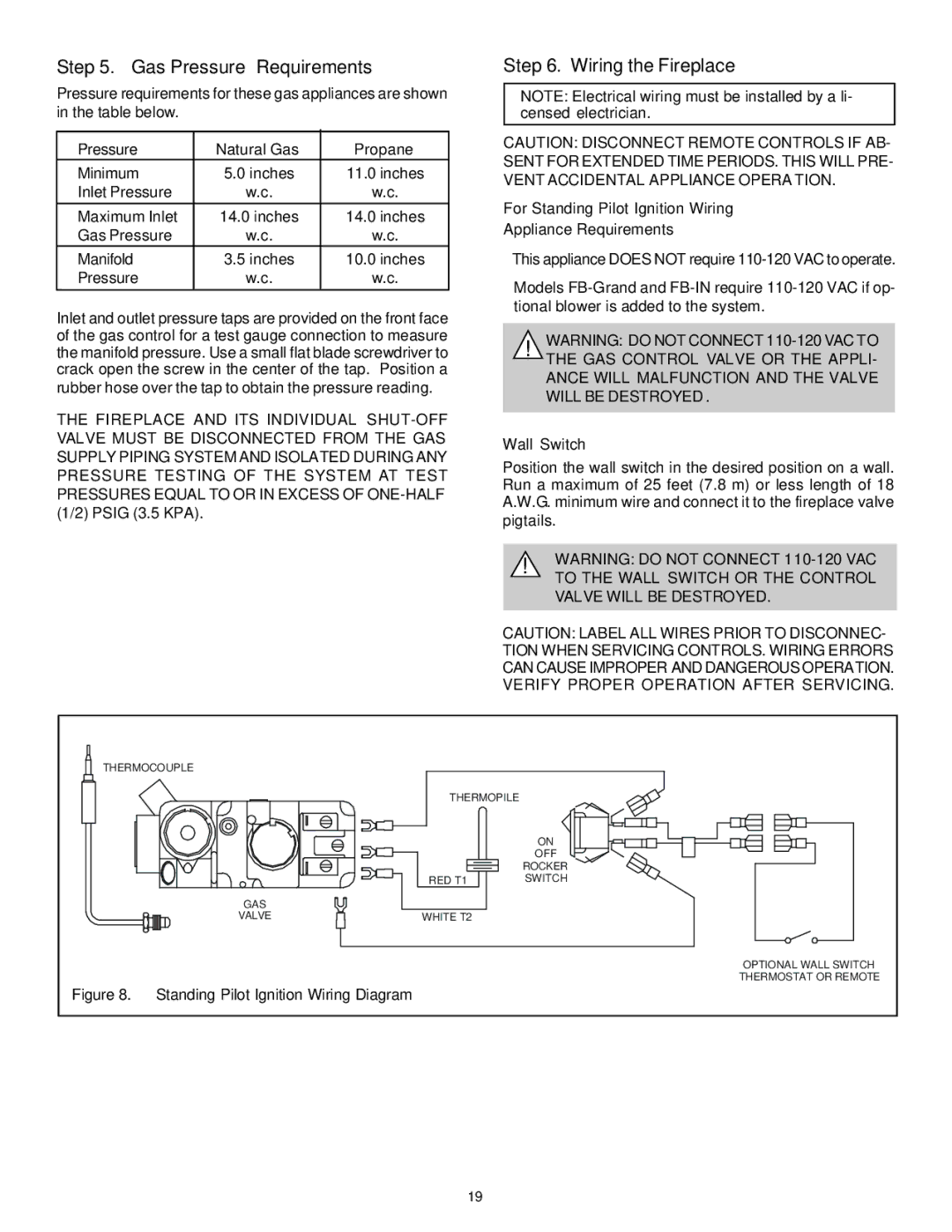 Heat & Glo LifeStyle CFX-IN-B Gas Pressure Requirements, Wiring the Fireplace, Pressure Natural Gas Propane, Wall Switch 