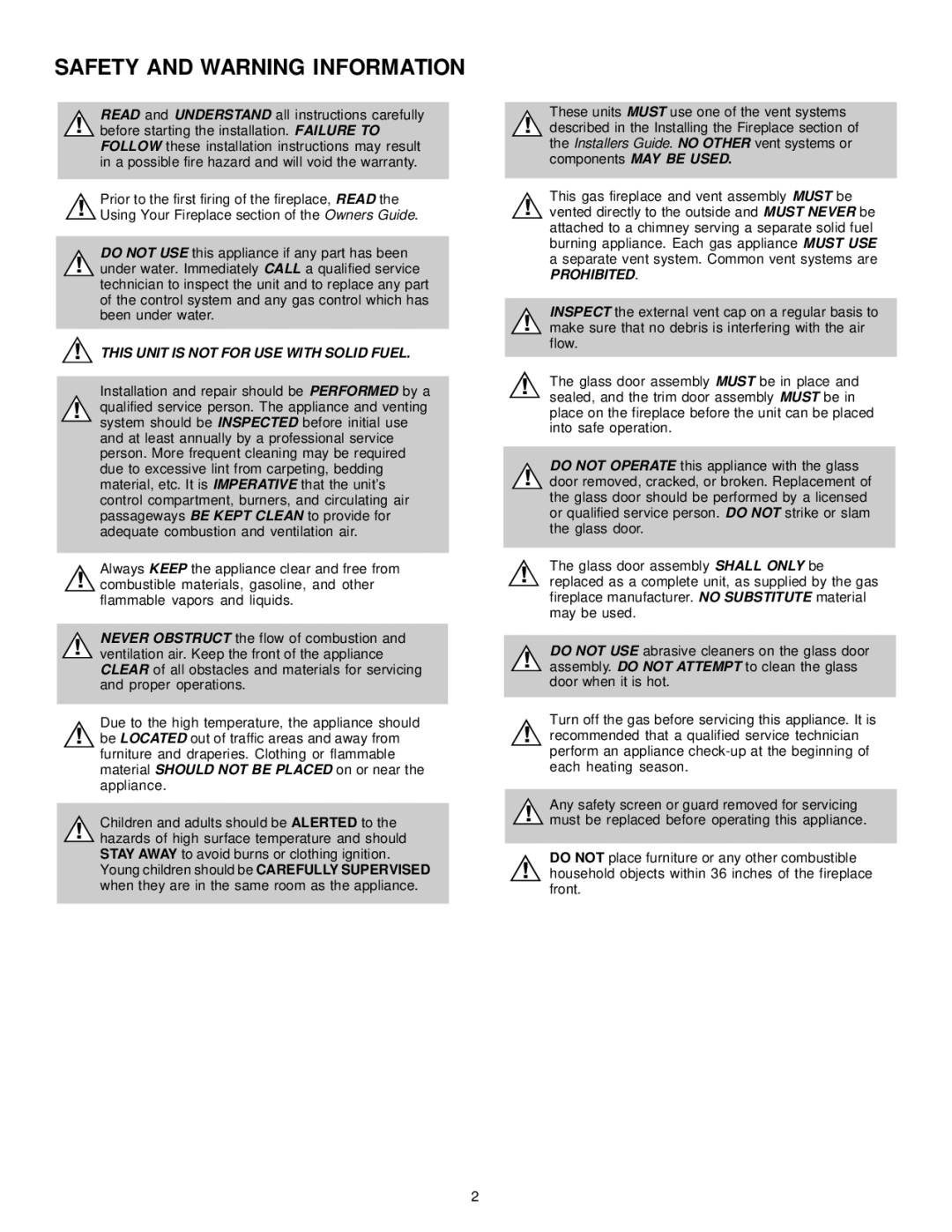 Heat & Glo LifeStyle CFX-Grand-B, FB-Grand, FB-IN, CFX-IN-B manual Safety and Warning Information 