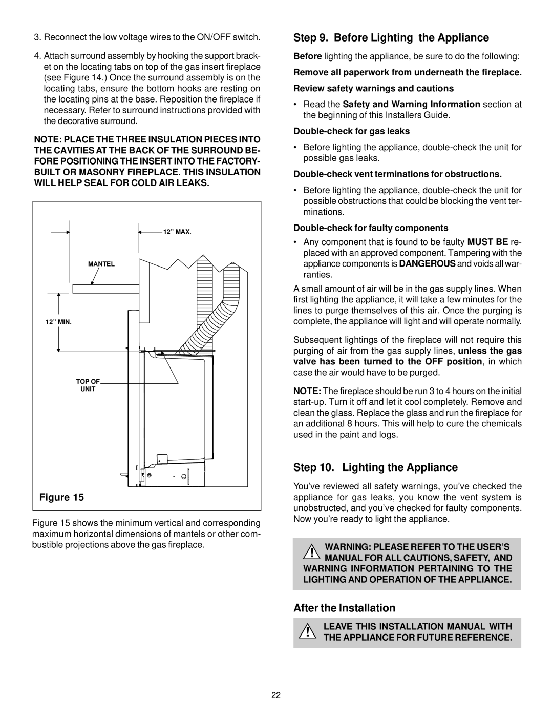 Heat & Glo LifeStyle CFX-Grand-B Before Lighting the Appliance, After the Installation, Double-check for faulty components 