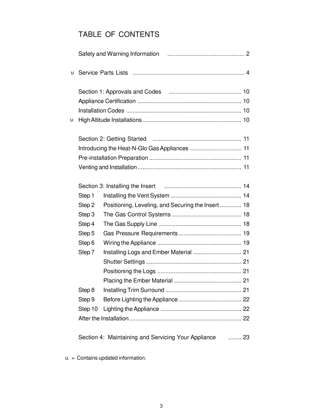 Heat & Glo LifeStyle CFX-IN-B, FB-Grand, FB-IN, CFX-Grand-B manual Table of Contents 