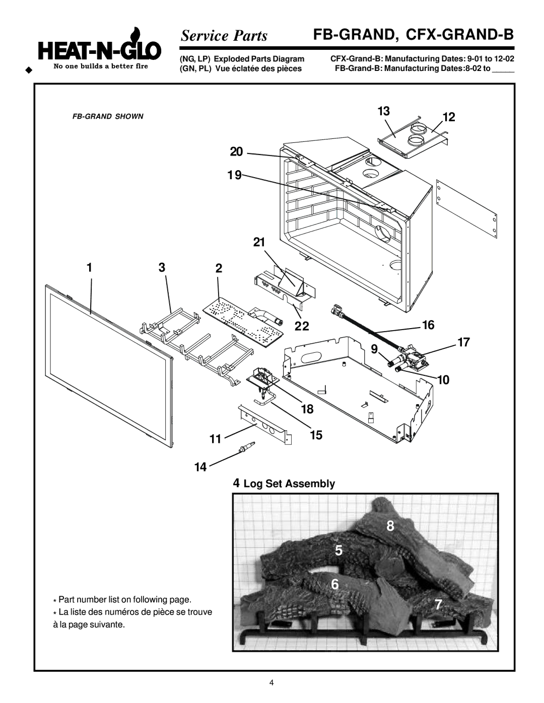 Heat & Glo LifeStyle FB-Grand, FB-IN, CFX-Grand-B, CFX-IN-B manual Service Parts, Log Set Assembly 