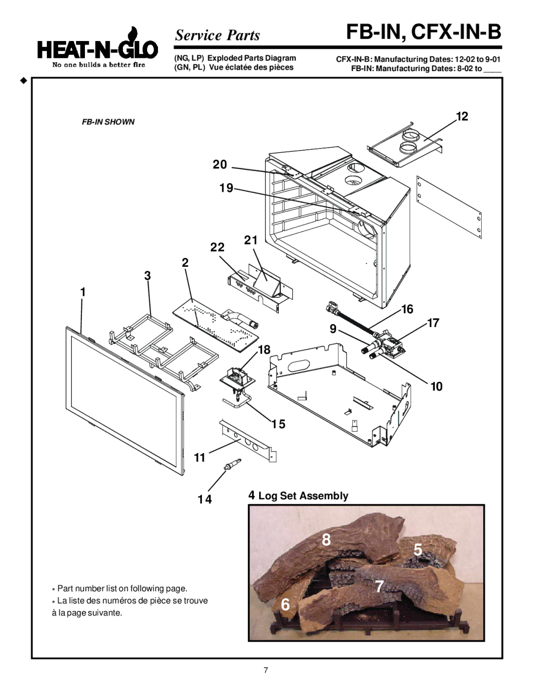 Heat & Glo LifeStyle CFX-IN-B, FB-Grand, FB-IN, CFX-Grand-B manual Fb-In, Cfx-In-B, 14 4 Log Set Assembly 