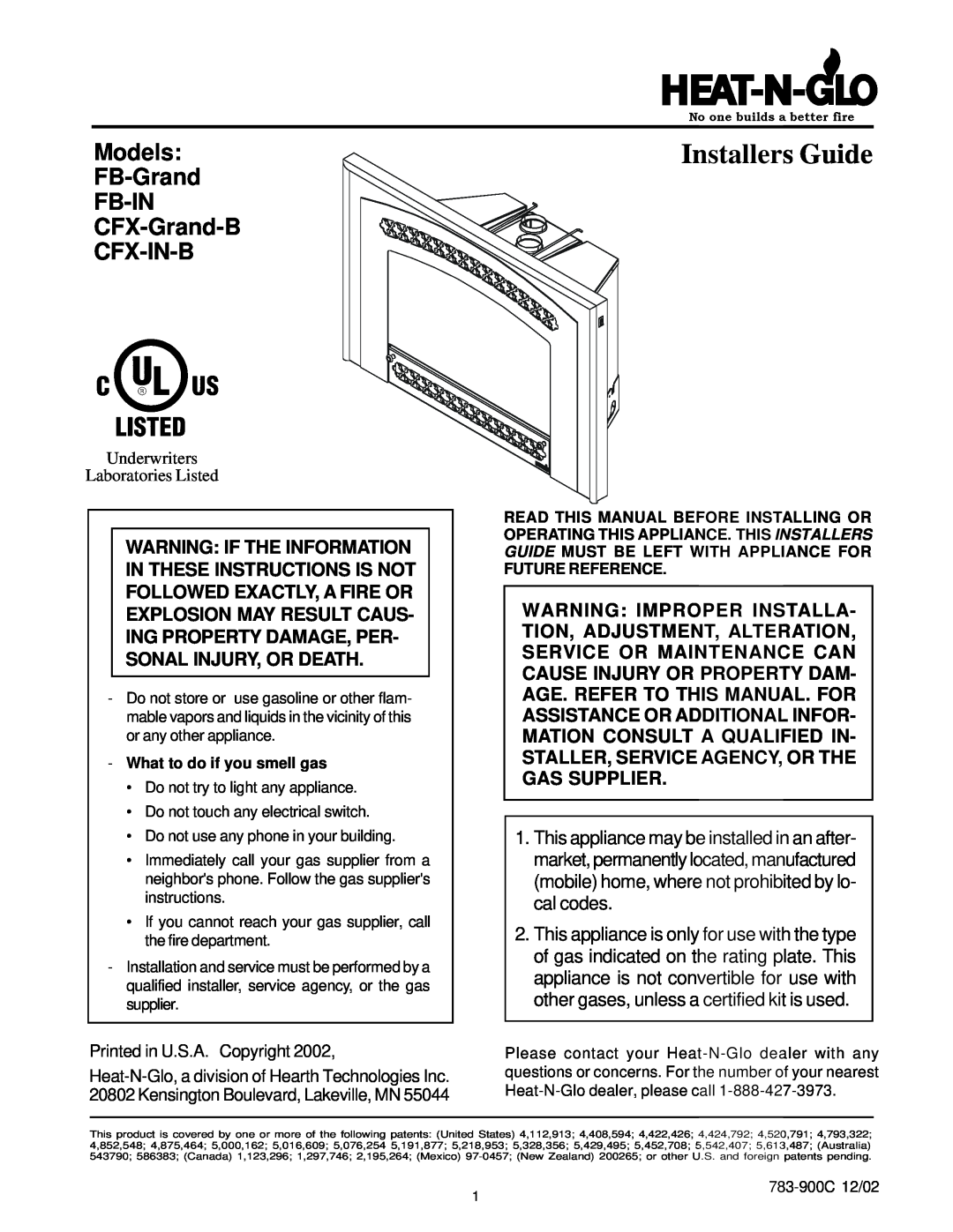 Heat & Glo LifeStyle manual Models FB-Grand FB-IN CFX-Grand-B CFX-IN-B, Installers Guide 