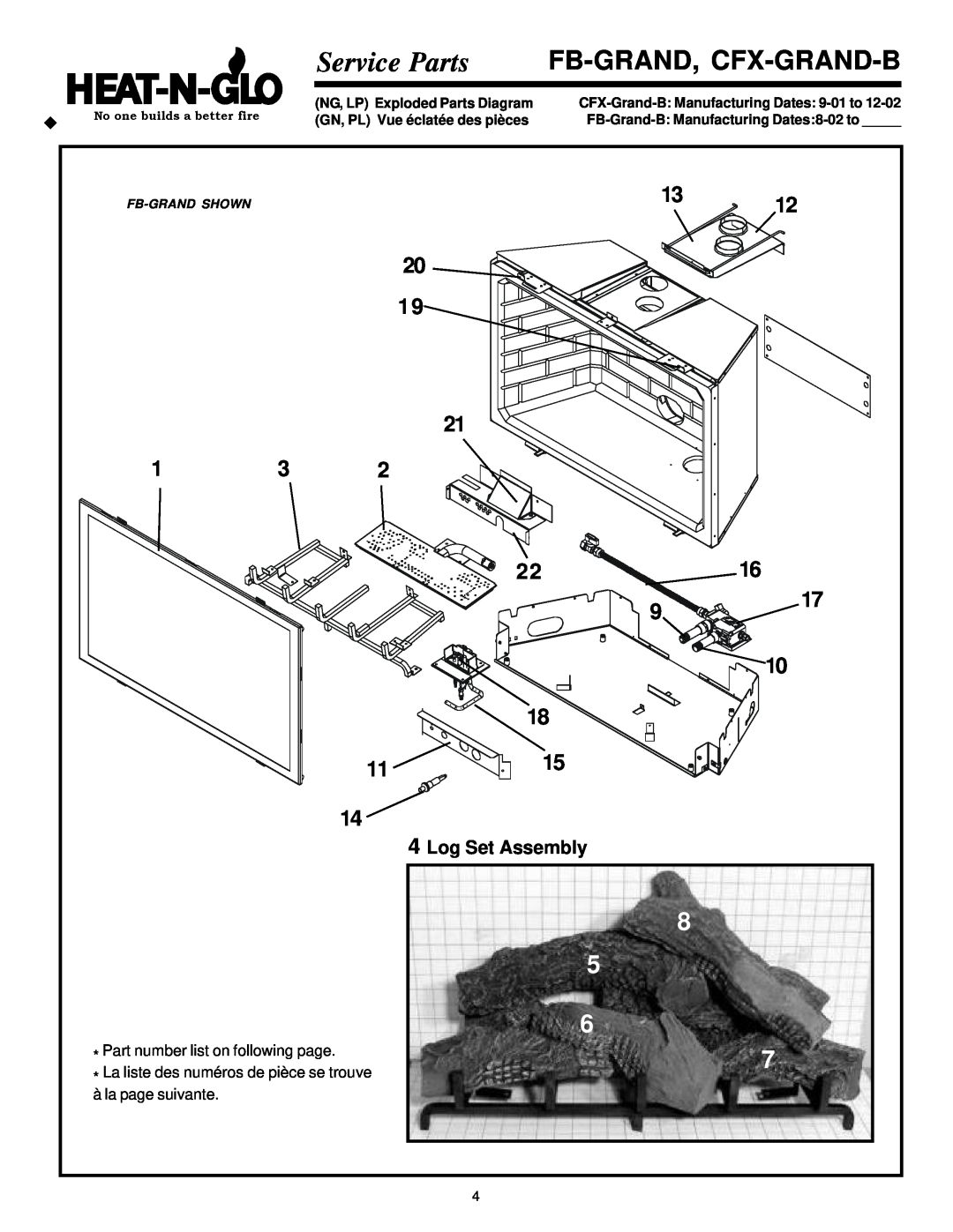 Heat & Glo LifeStyle FB-Grand manual Service Parts, 4Log Set Assembly, Fb-Grand, Cfx-Grand-B, NG, LP Exploded Parts Diagram 