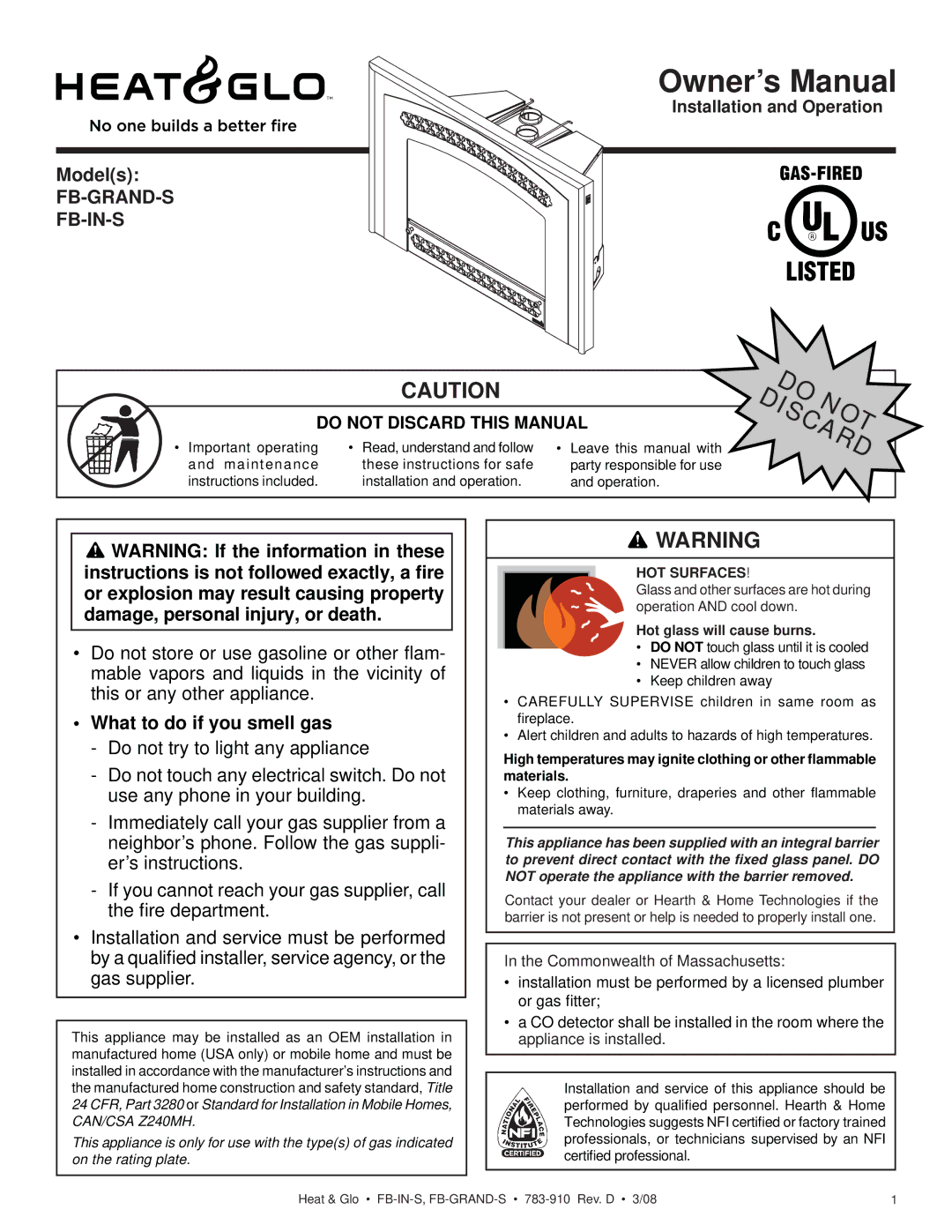 Heat & Glo LifeStyle FB-IN-S, FB-GRAND-S owner manual Models, Fb-Grand-S Fb-In-S 