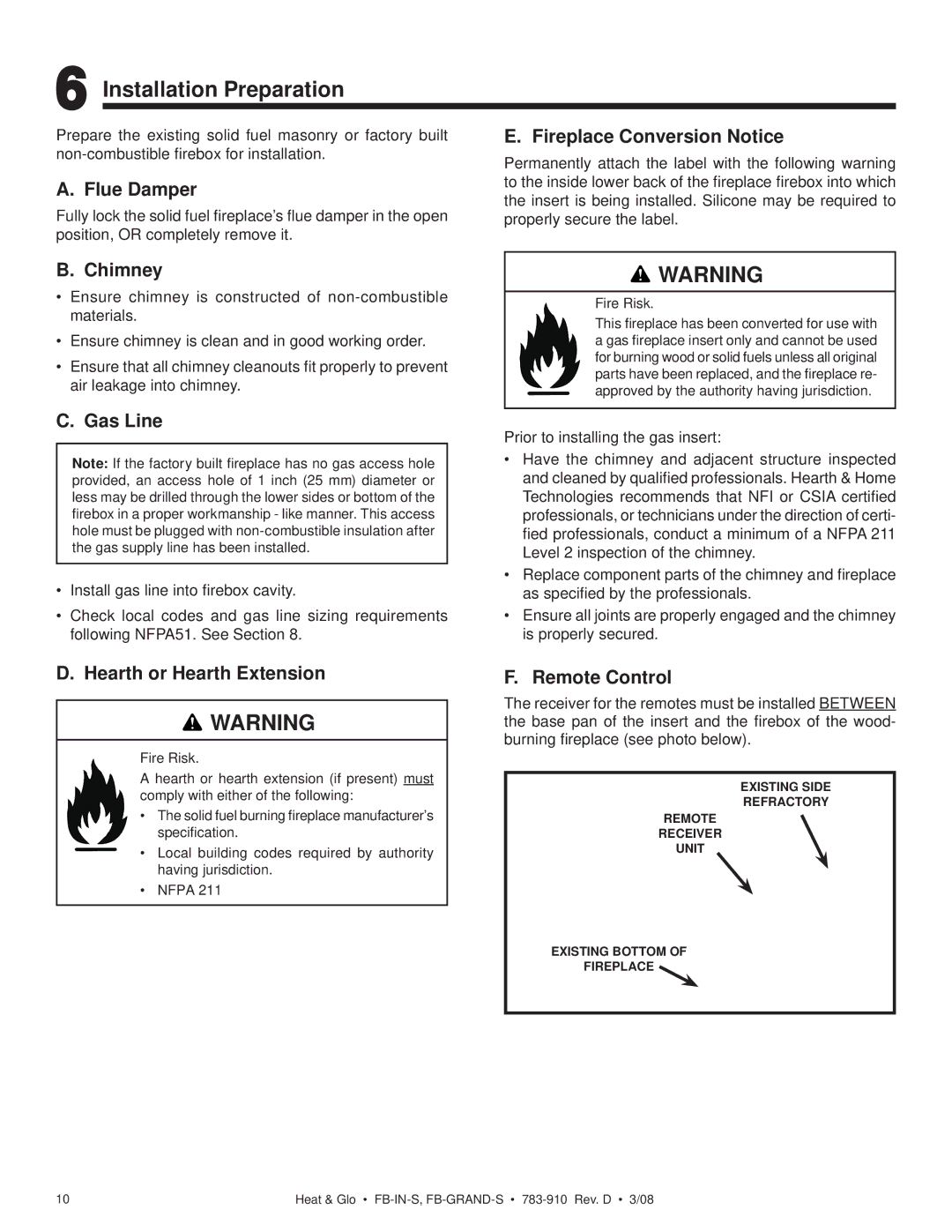 Heat & Glo LifeStyle FB-GRAND-S, FB-IN-S owner manual Installation Preparation 