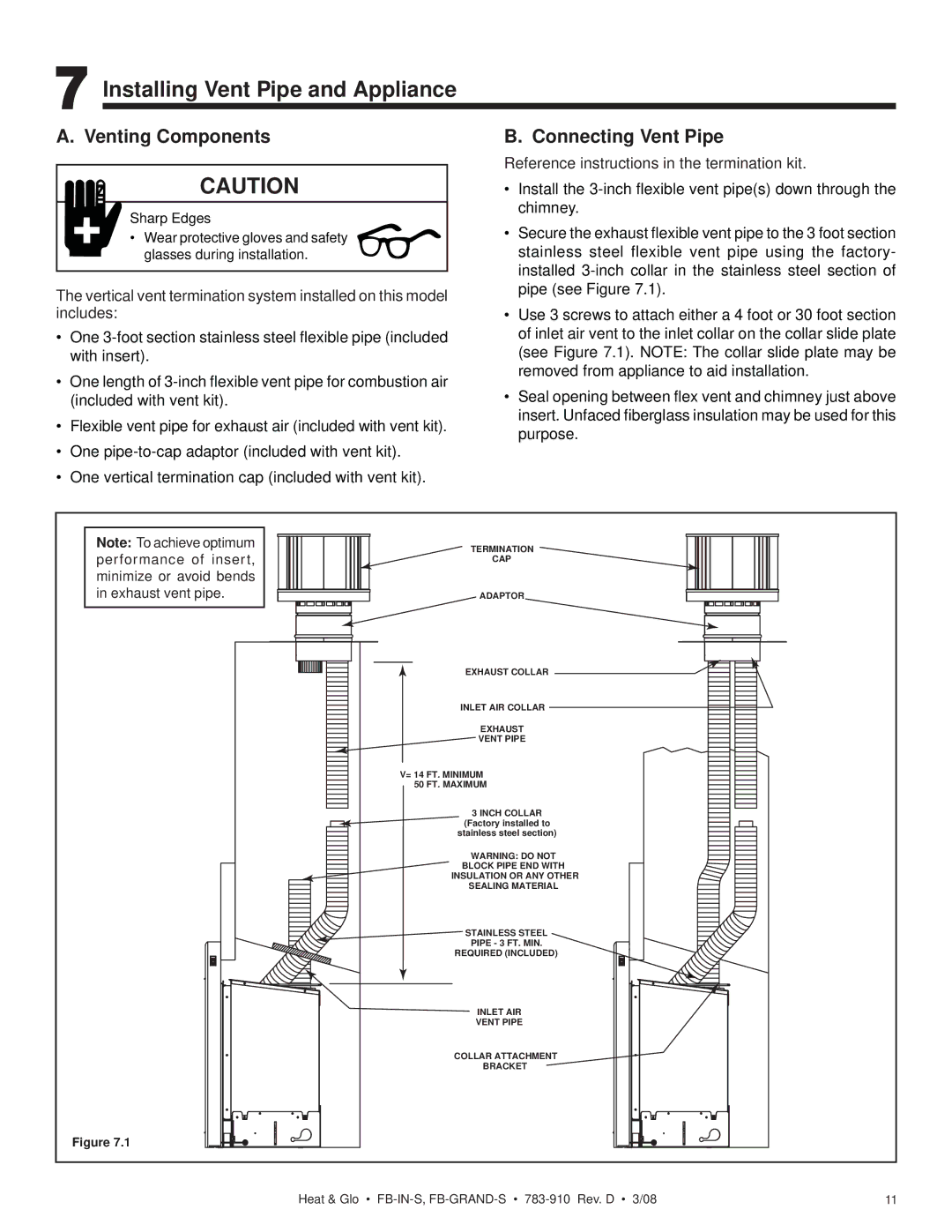 Heat & Glo LifeStyle FB-IN-S, FB-GRAND-S Installing Vent Pipe and Appliance, Venting Components, Connecting Vent Pipe 