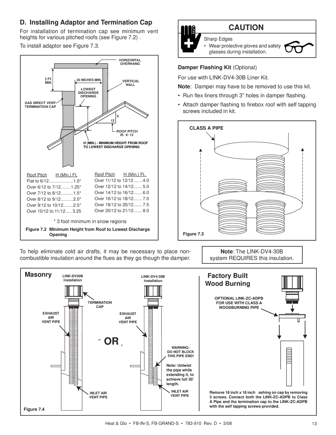 Heat & Glo LifeStyle FB-IN-S, FB-GRAND-S Installing Adaptor and Termination Cap, Masonry, Factory Built Wood Burning 