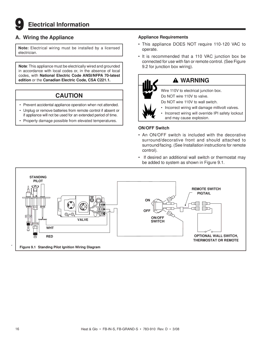 Heat & Glo LifeStyle FB-GRAND-S Electrical Information, Wiring the Appliance, Appliance Requirements, ON/OFF Switch 