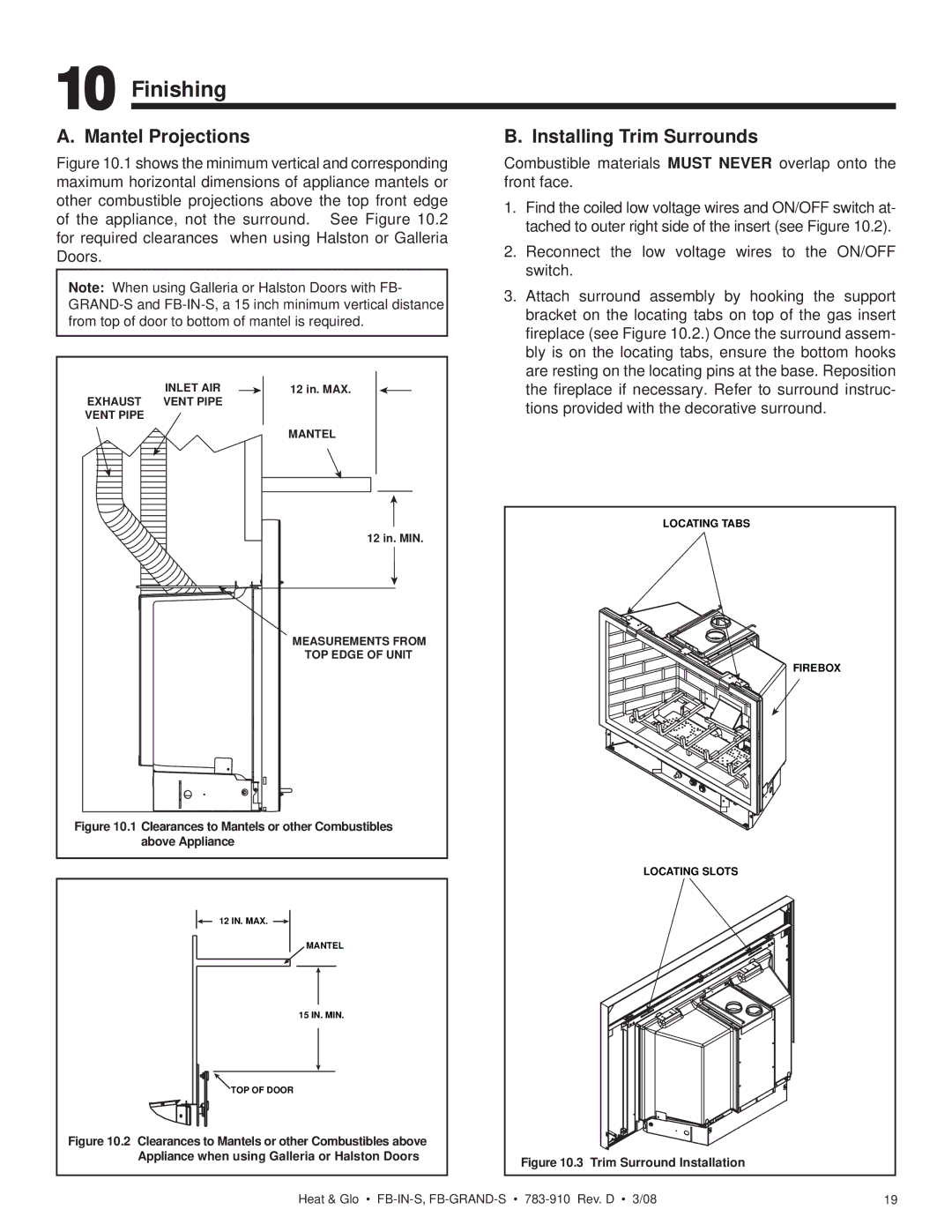 Heat & Glo LifeStyle FB-IN-S, FB-GRAND-S owner manual Finishing, Mantel Projections, Installing Trim Surrounds 