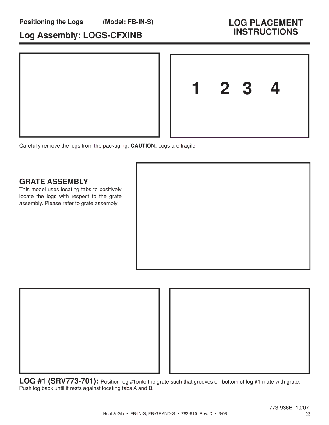 Heat & Glo LifeStyle FB-GRAND-S owner manual Instructions, Positioning the Logs Model FB-IN-SLOG Placement 