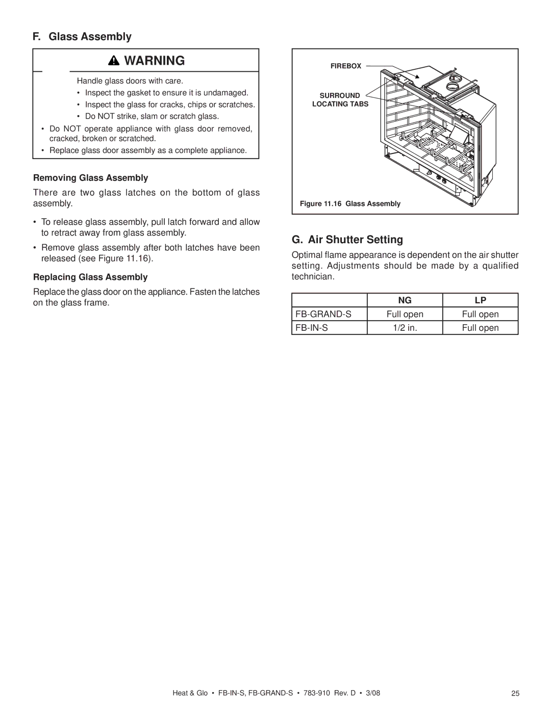 Heat & Glo LifeStyle FB-IN-S, FB-GRAND-S Air Shutter Setting, Removing Glass Assembly, Replacing Glass Assembly 