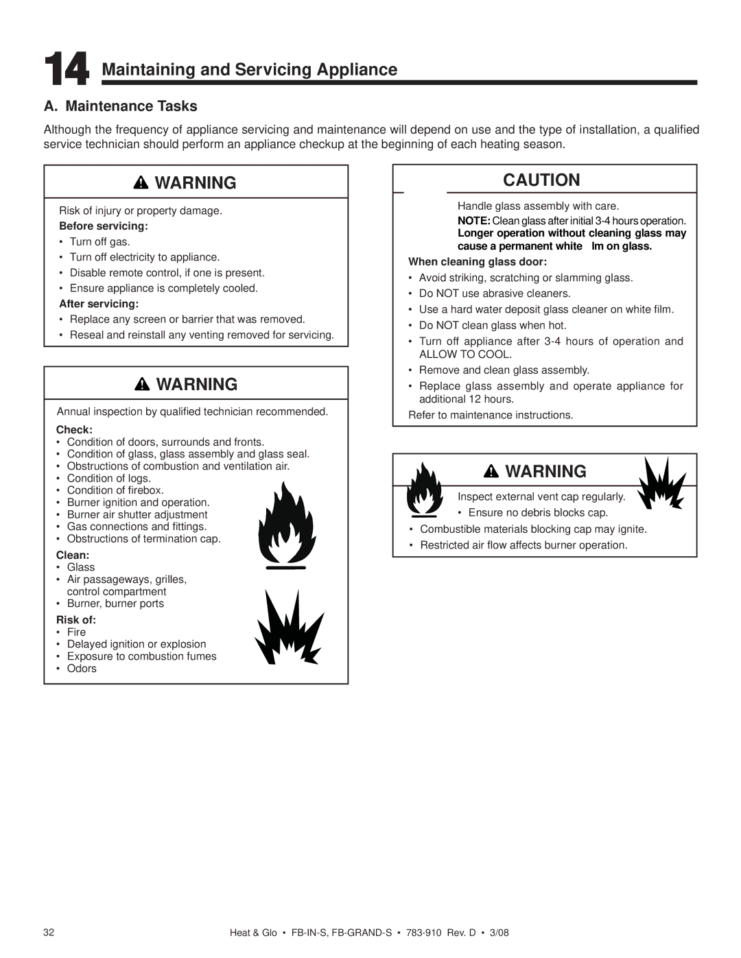 Heat & Glo LifeStyle FB-GRAND-S Maintaining and Servicing Appliance, Maintenance Tasks, Risk of injury or property damage 