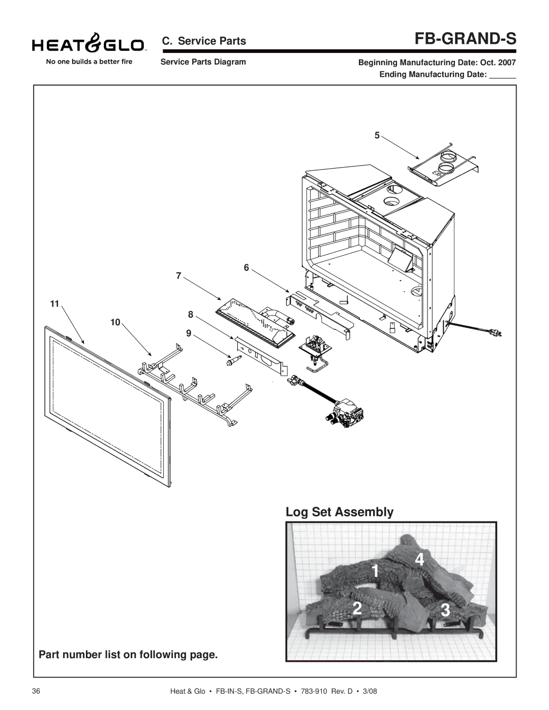 Heat & Glo LifeStyle FB-GRAND-S, FB-IN-S owner manual Log Set Assembly, Service Parts, Part number list on following 