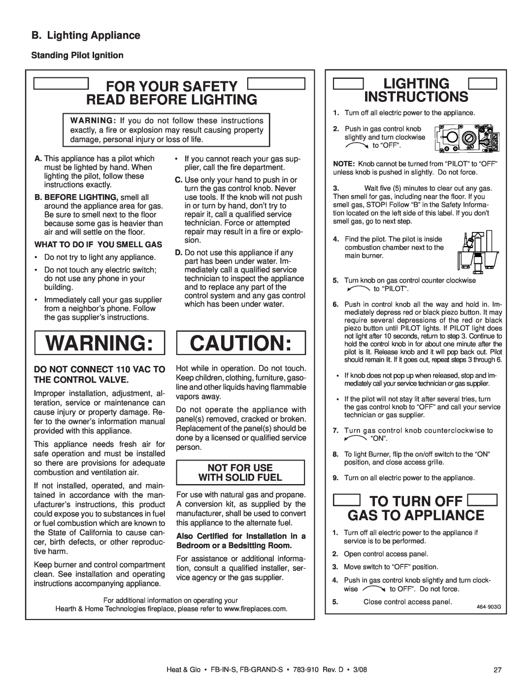Heat & Glo LifeStyle FB-IN-S For Your Safety Read Before Lighting, Lighting Instructions, To Turn Off Gas To Appliance 