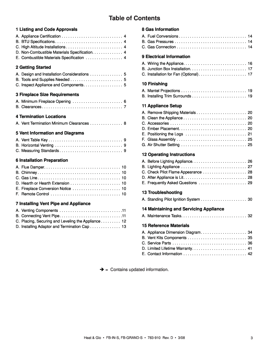 Heat & Glo LifeStyle FB-IN-S, FB-GRAND-S owner manual Table of Contents 