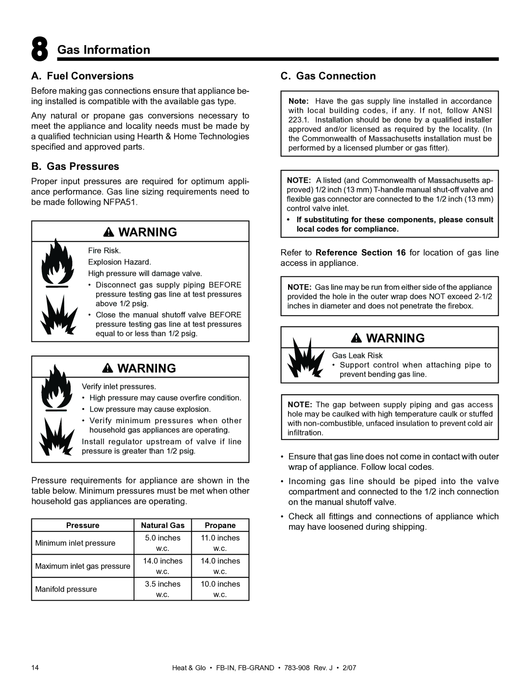 Heat & Glo LifeStyle FB-Grand owner manual Gas Information, Fuel Conversions Gas Connection, Gas Pressures 