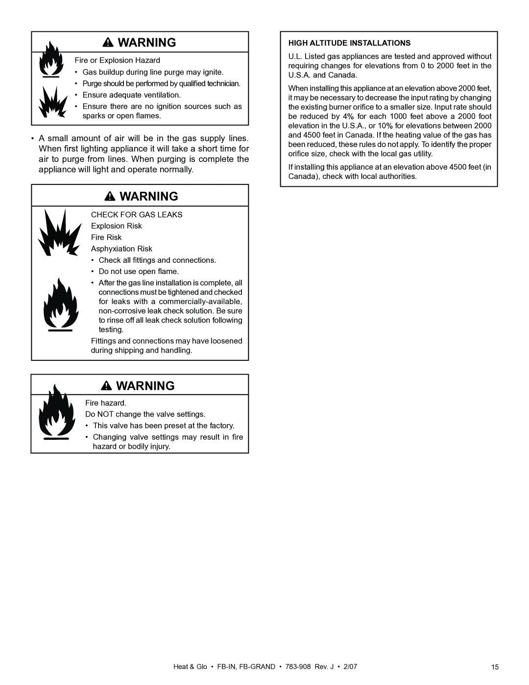 Heat & Glo LifeStyle FB-Grand owner manual Check for GAS Leaks, High Altitude Installations 