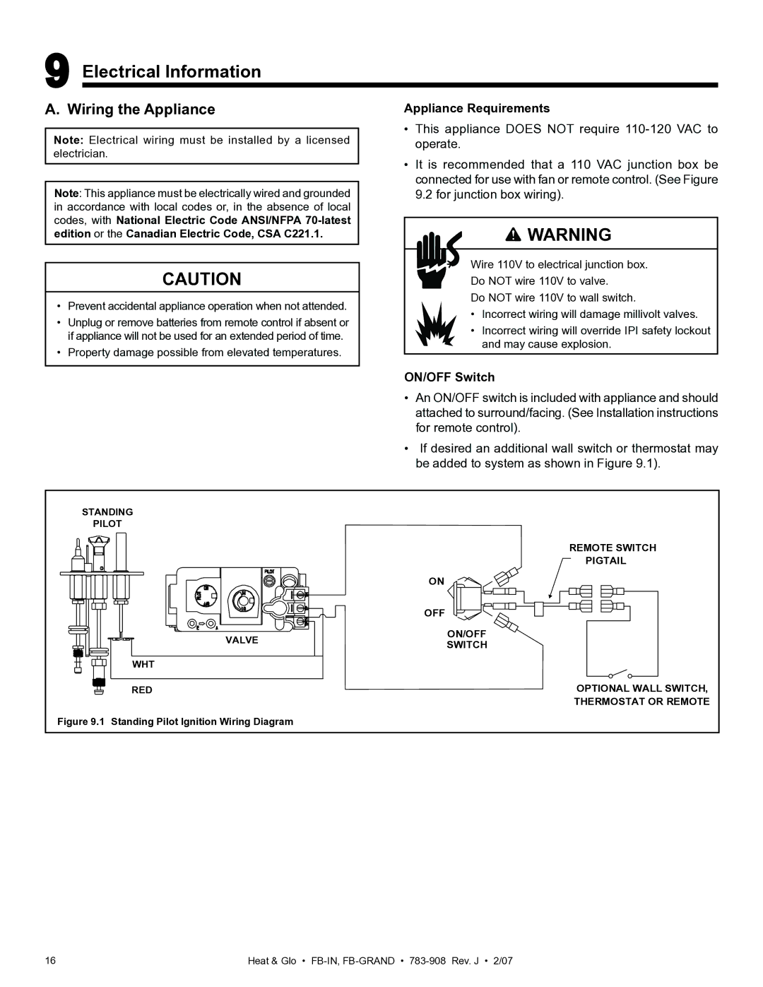 Heat & Glo LifeStyle FB-Grand Electrical Information, Wiring the Appliance, Appliance Requirements, ON/OFF Switch 