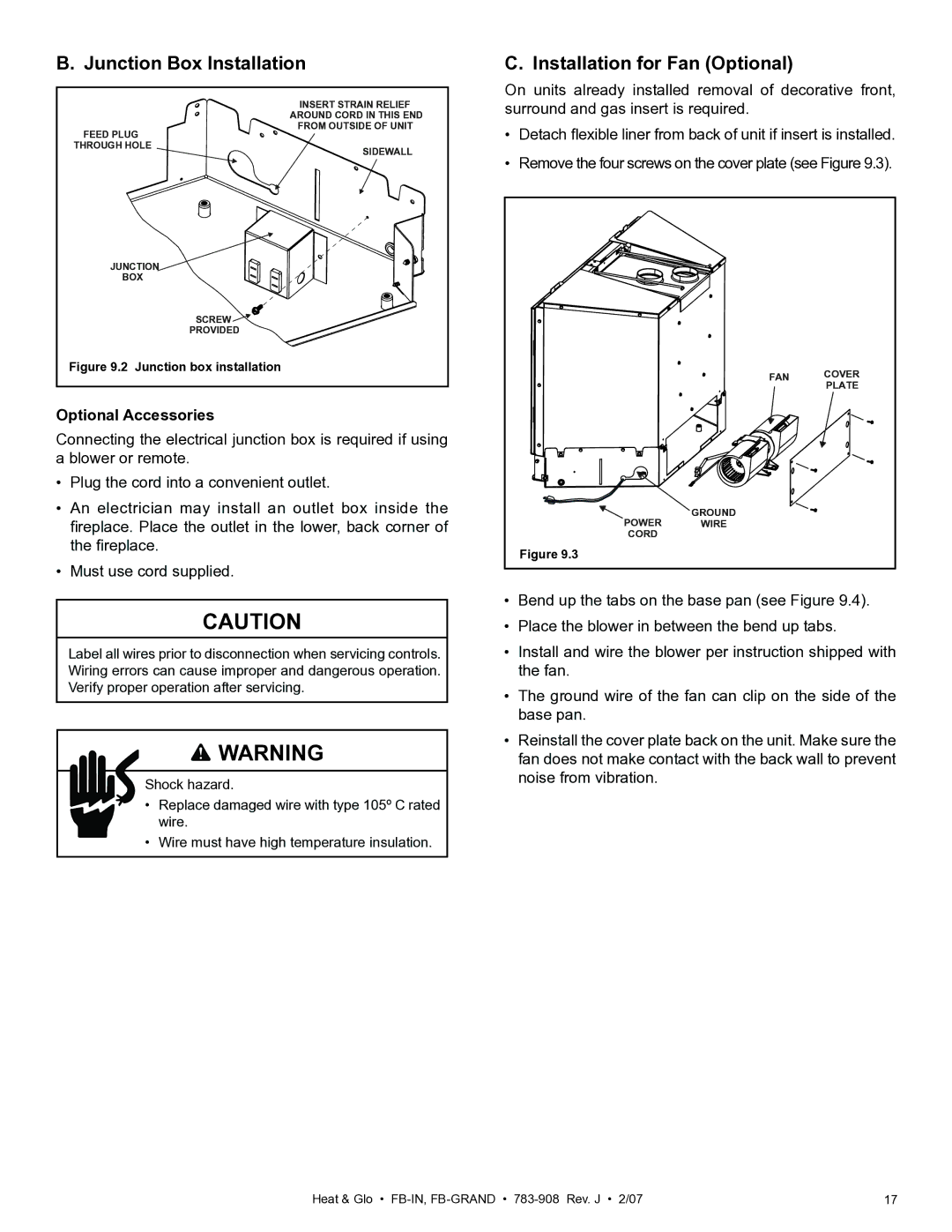 Heat & Glo LifeStyle FB-Grand owner manual Junction Box Installation, Installation for Fan Optional, Optional Accessories 