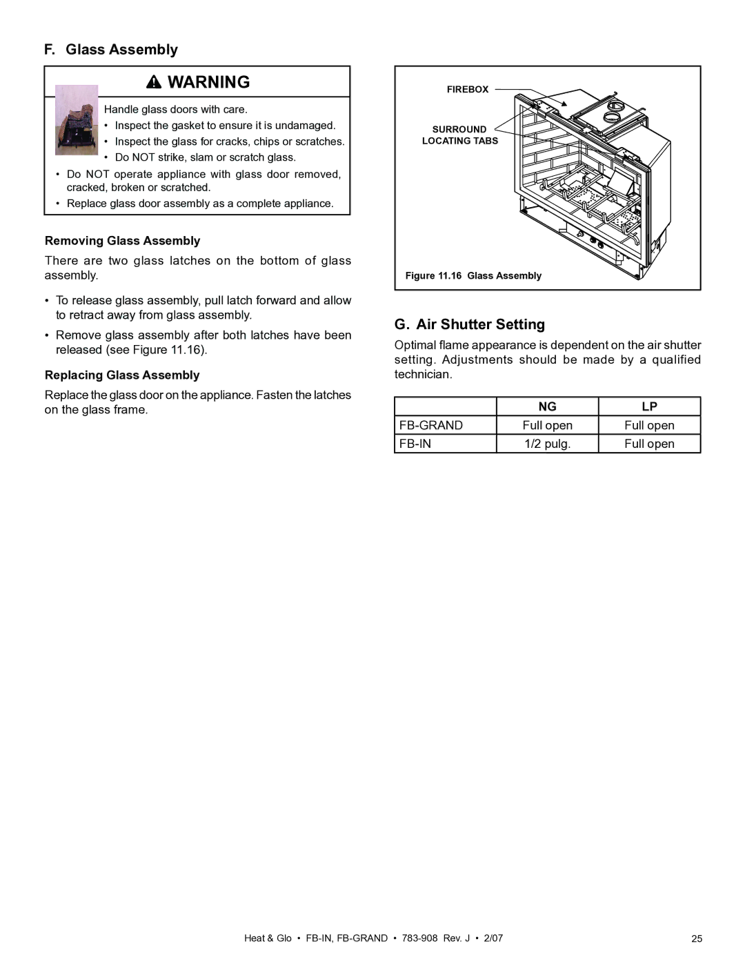 Heat & Glo LifeStyle FB-Grand owner manual Air Shutter Setting, Removing Glass Assembly, Replacing Glass Assembly 