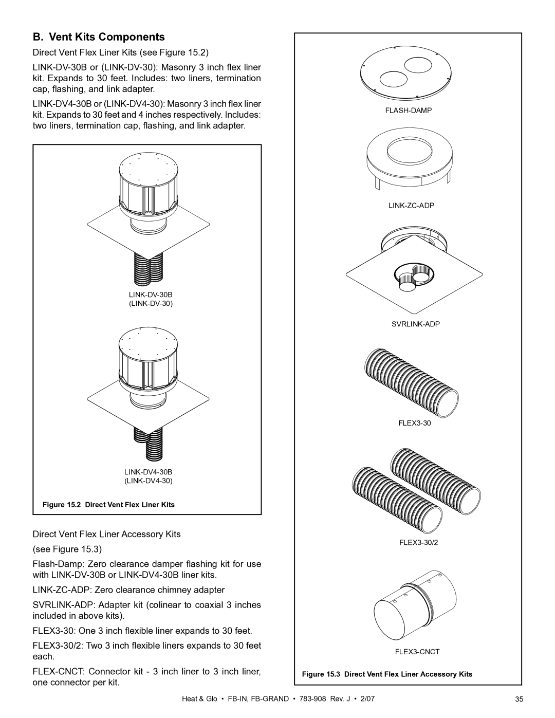 Heat & Glo LifeStyle FB-Grand owner manual Vent Kits Components, Direct Vent Flex Liner Kits 