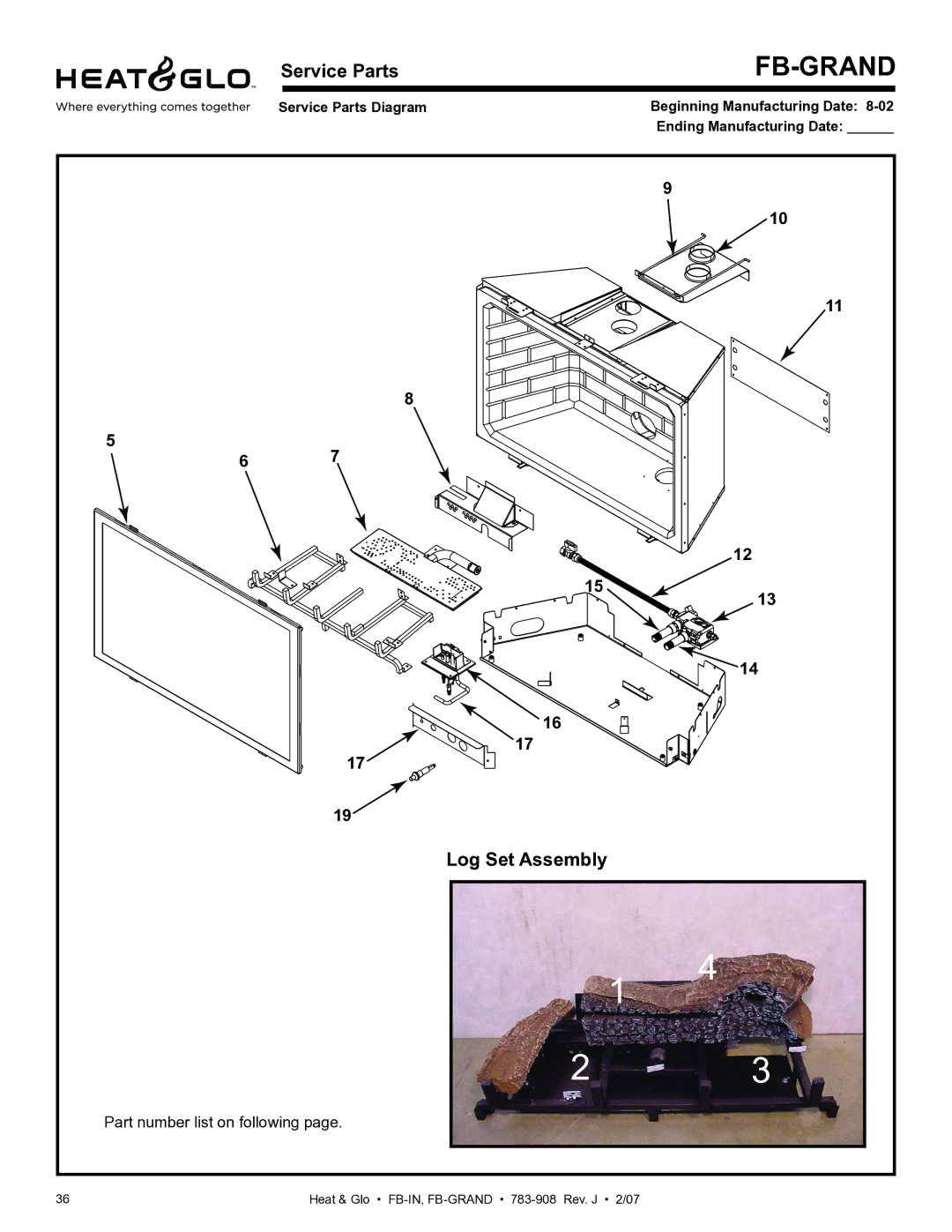 Heat & Glo LifeStyle FB-Grand owner manual Service Parts, Log Set Assembly 