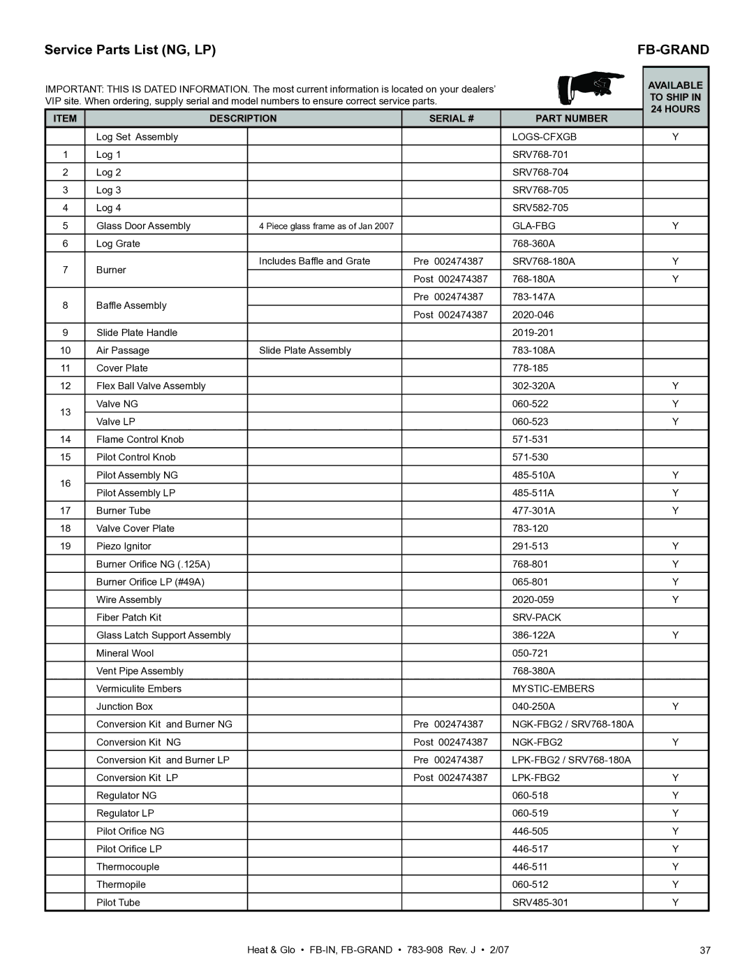 Heat & Glo LifeStyle FB-Grand owner manual Service Parts List NG, LP 