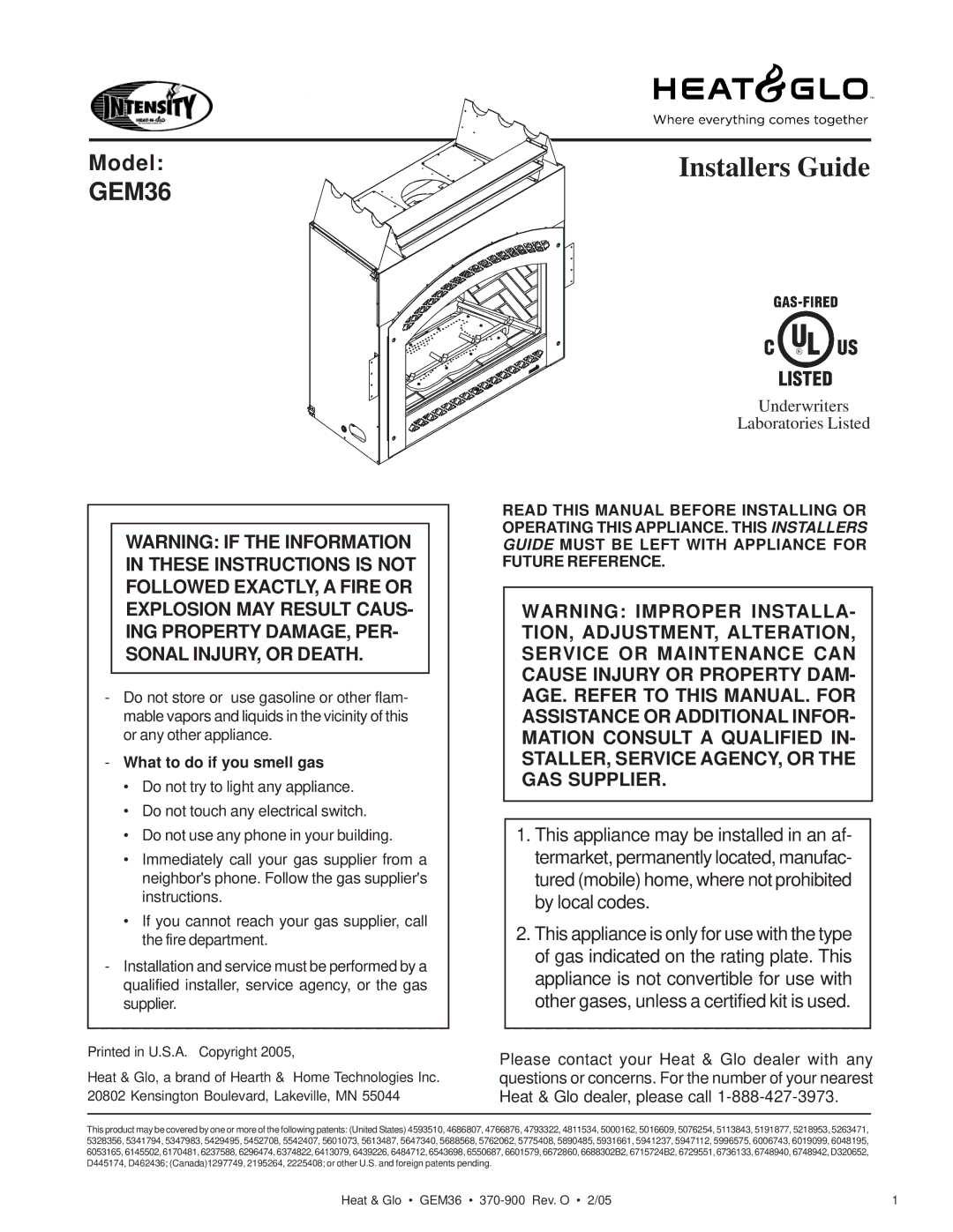 Heat & Glo LifeStyle GEM36 manual Installers Guide, What to do if you smell gas 