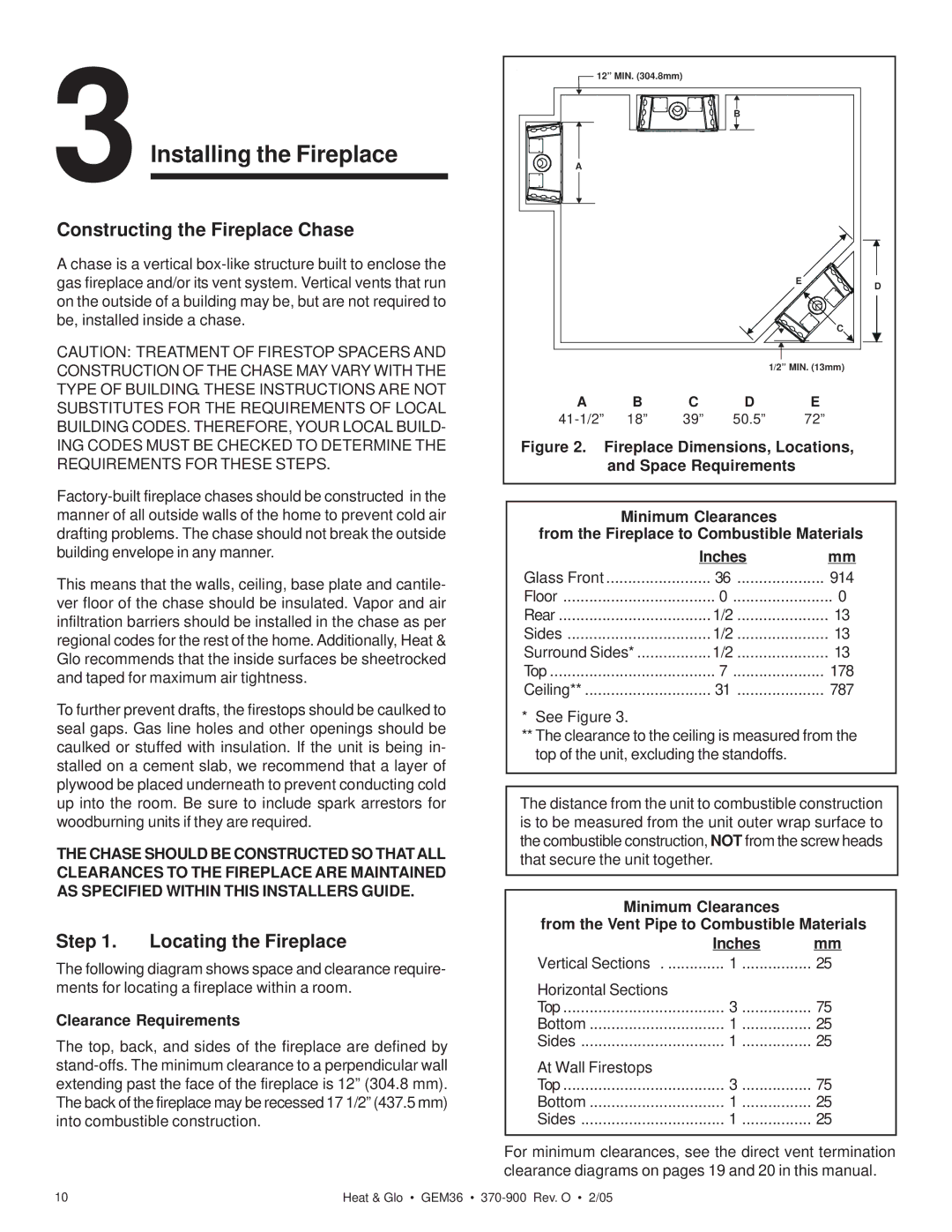 Heat & Glo LifeStyle GEM36 manual Constructing the Fireplace Chase, Locating the Fireplace, Clearance Requirements 