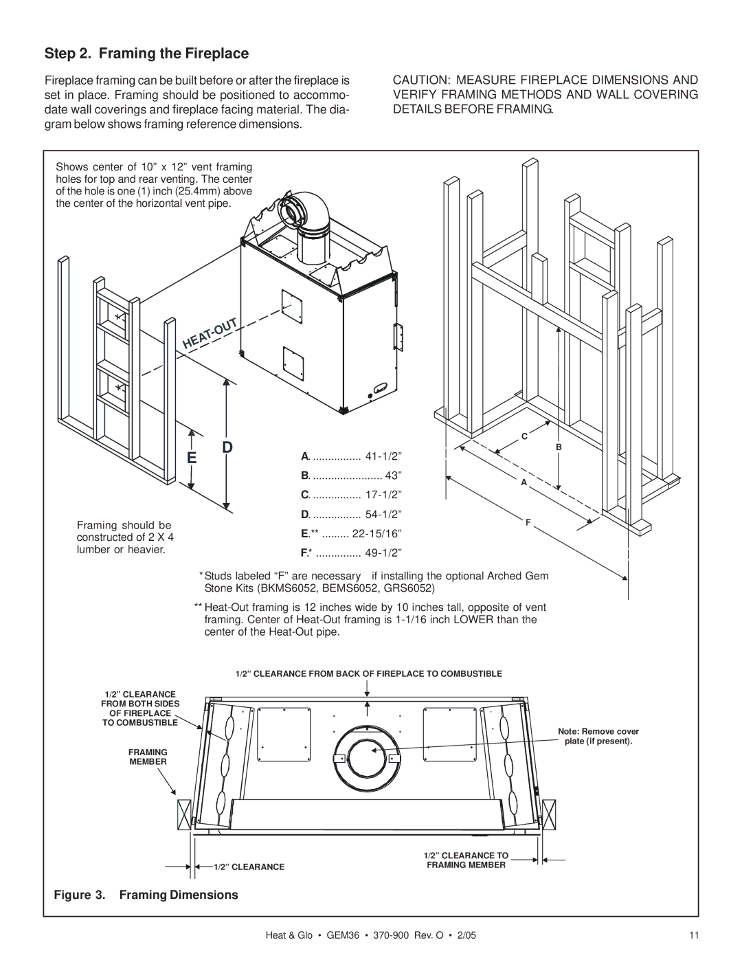 Heat & Glo LifeStyle GEM36 manual Framing the Fireplace, Framing Dimensions 