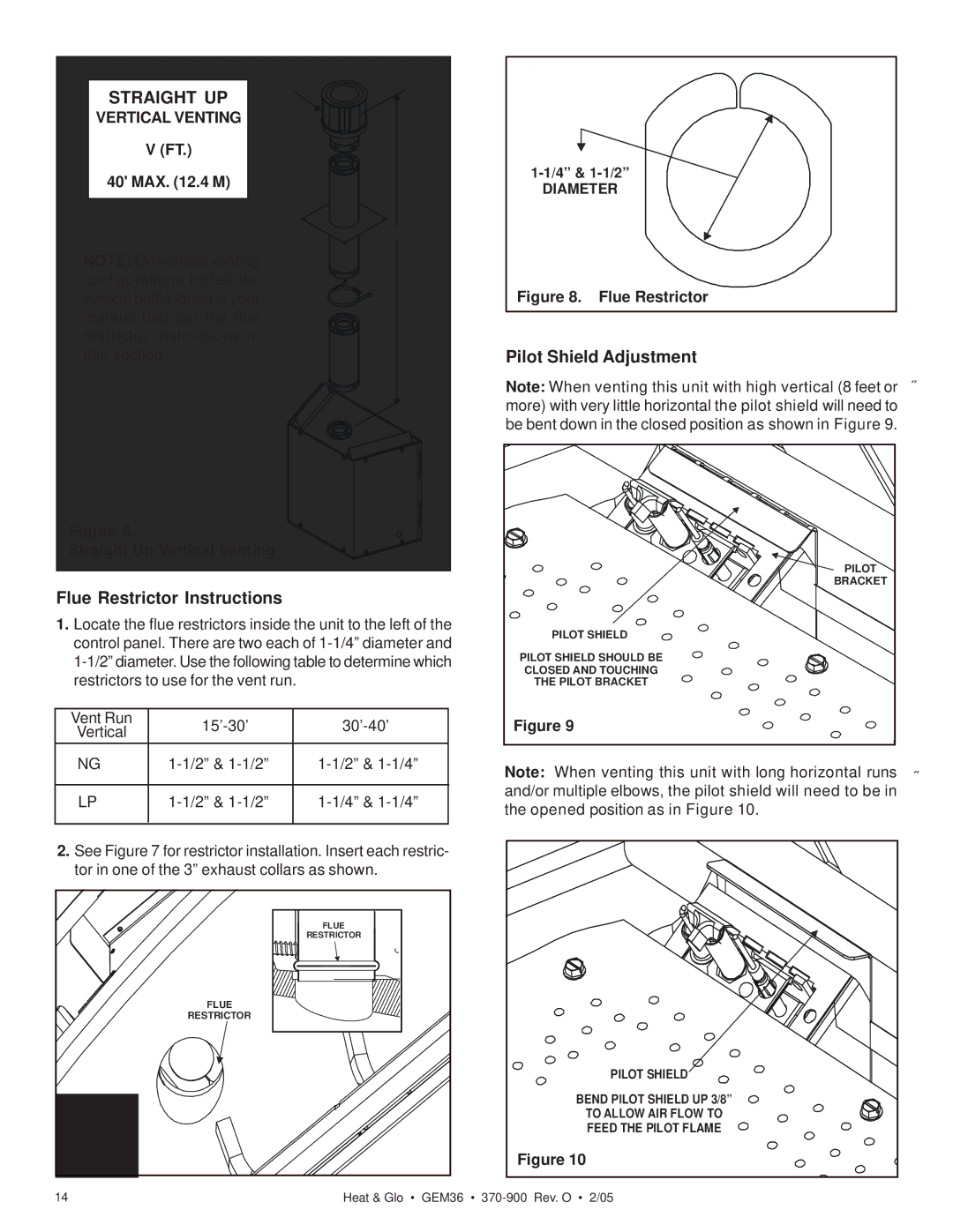 Heat & Glo LifeStyle GEM36 manual Flue Restrictor Instructions, Pilot Shield Adjustment, Vertical Venting, MAX .4 M 