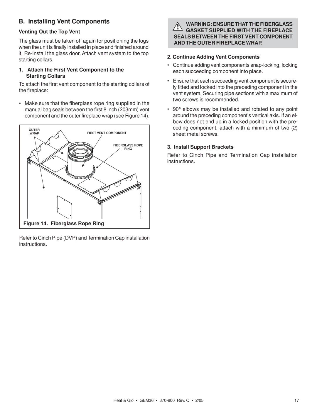 Heat & Glo LifeStyle GEM36 manual Installing Vent Components, Venting Out the Top Vent, Continue Adding Vent Components 