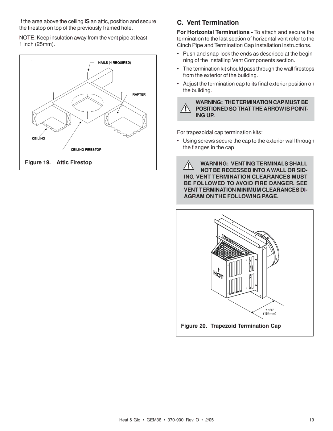 Heat & Glo LifeStyle GEM36 manual Vent Termination, Attic Firestop, Positioned SO That the Arrow is POINT- ING UP 