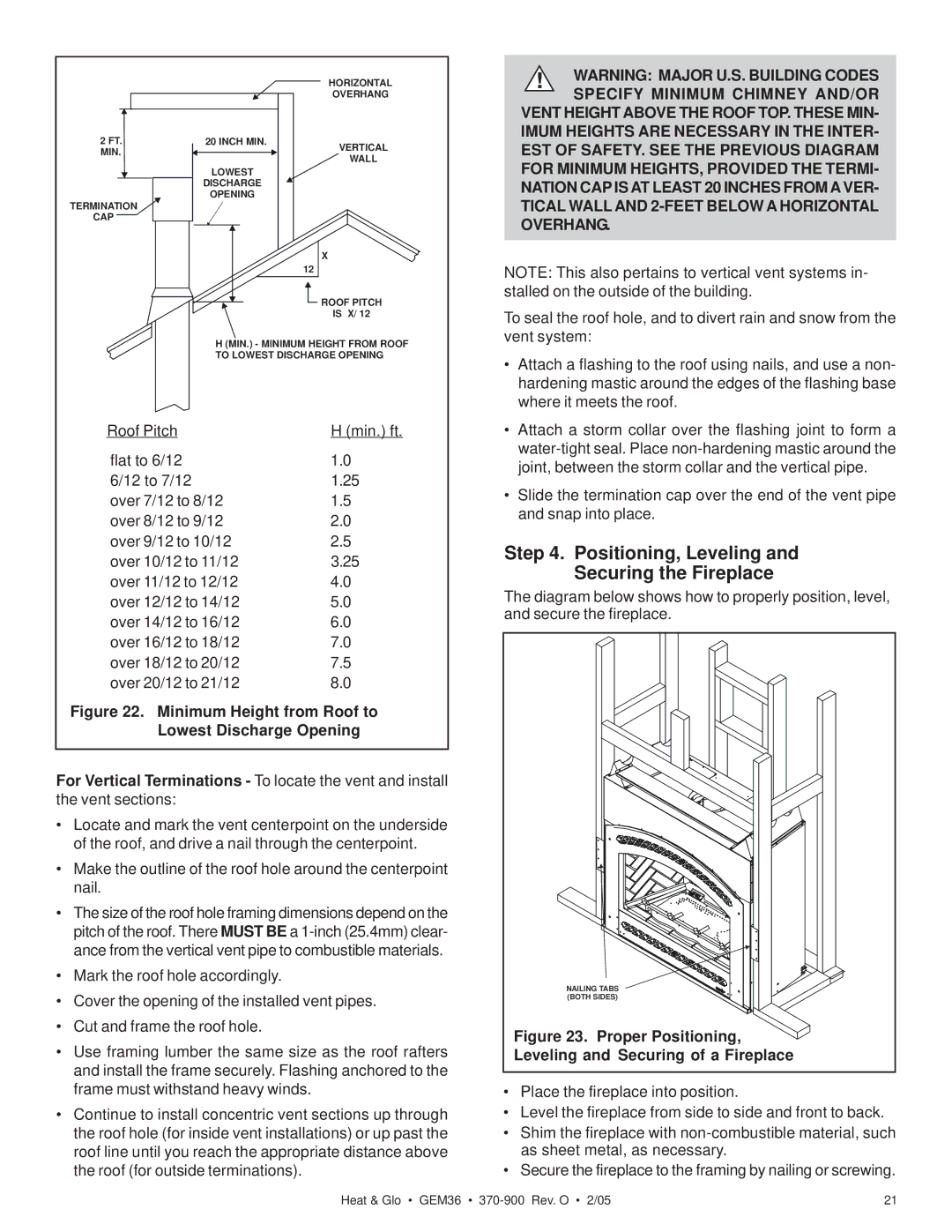 Heat & Glo LifeStyle GEM36 manual Positioning, Leveling and Securing the Fireplace, Leveling and Securing of a Fireplace 