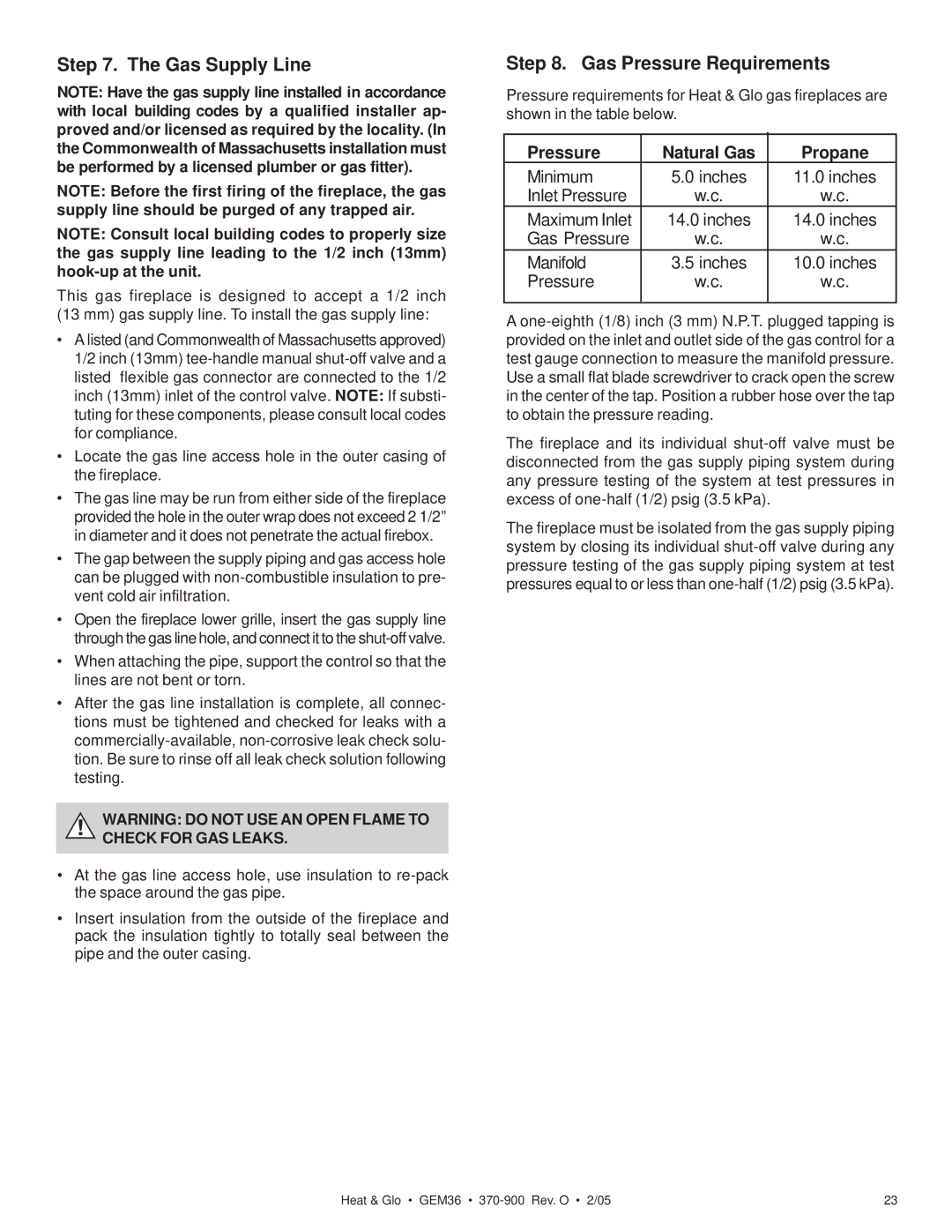 Heat & Glo LifeStyle GEM36 manual Gas Supply Line, Gas Pressure Requirements, Pressure Natural Gas Propane 
