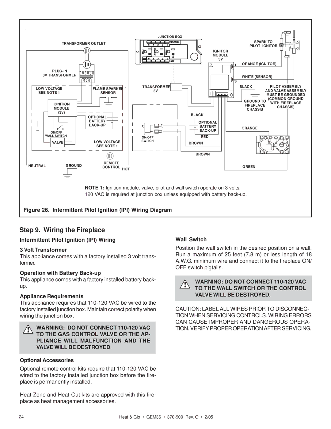 Heat & Glo LifeStyle GEM36 manual Wiring the Fireplace 