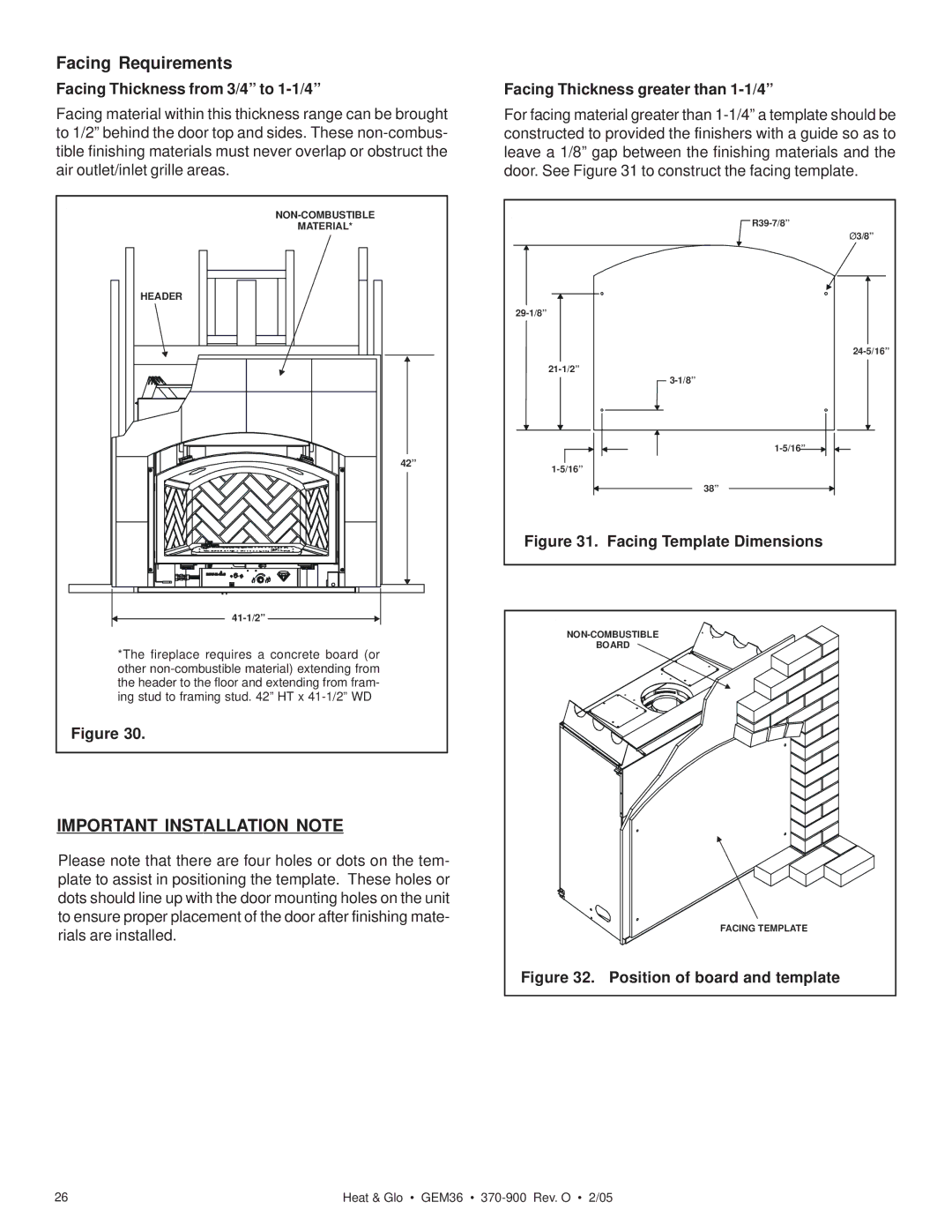 Heat & Glo LifeStyle GEM36 Facing Requirements, Facing Thickness from 3/4 to 1-1/4, Facing Thickness greater than 1-1/4 